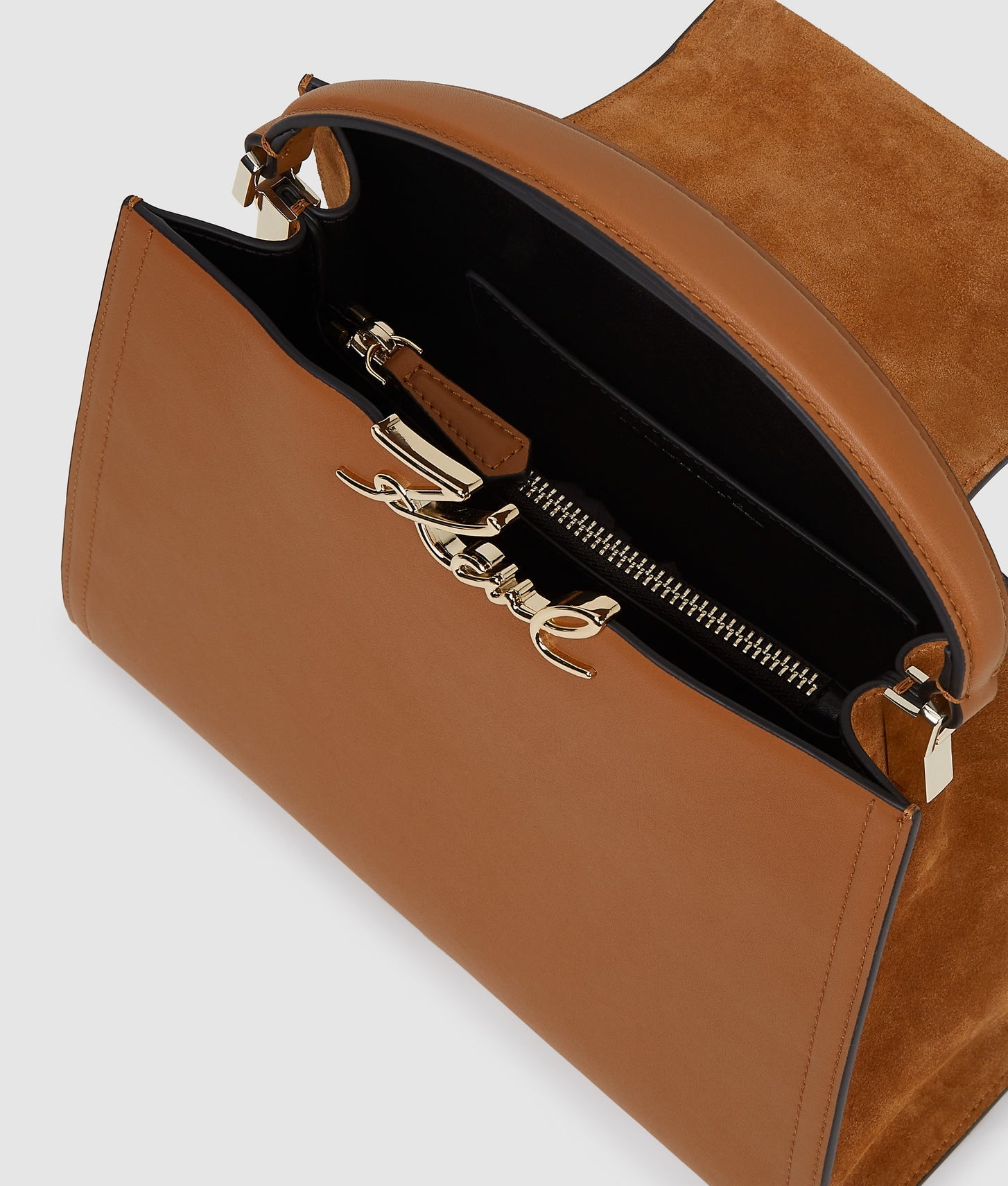 KarlLagerfeld Ksignature Suede Top Handle Bag Dark Tan