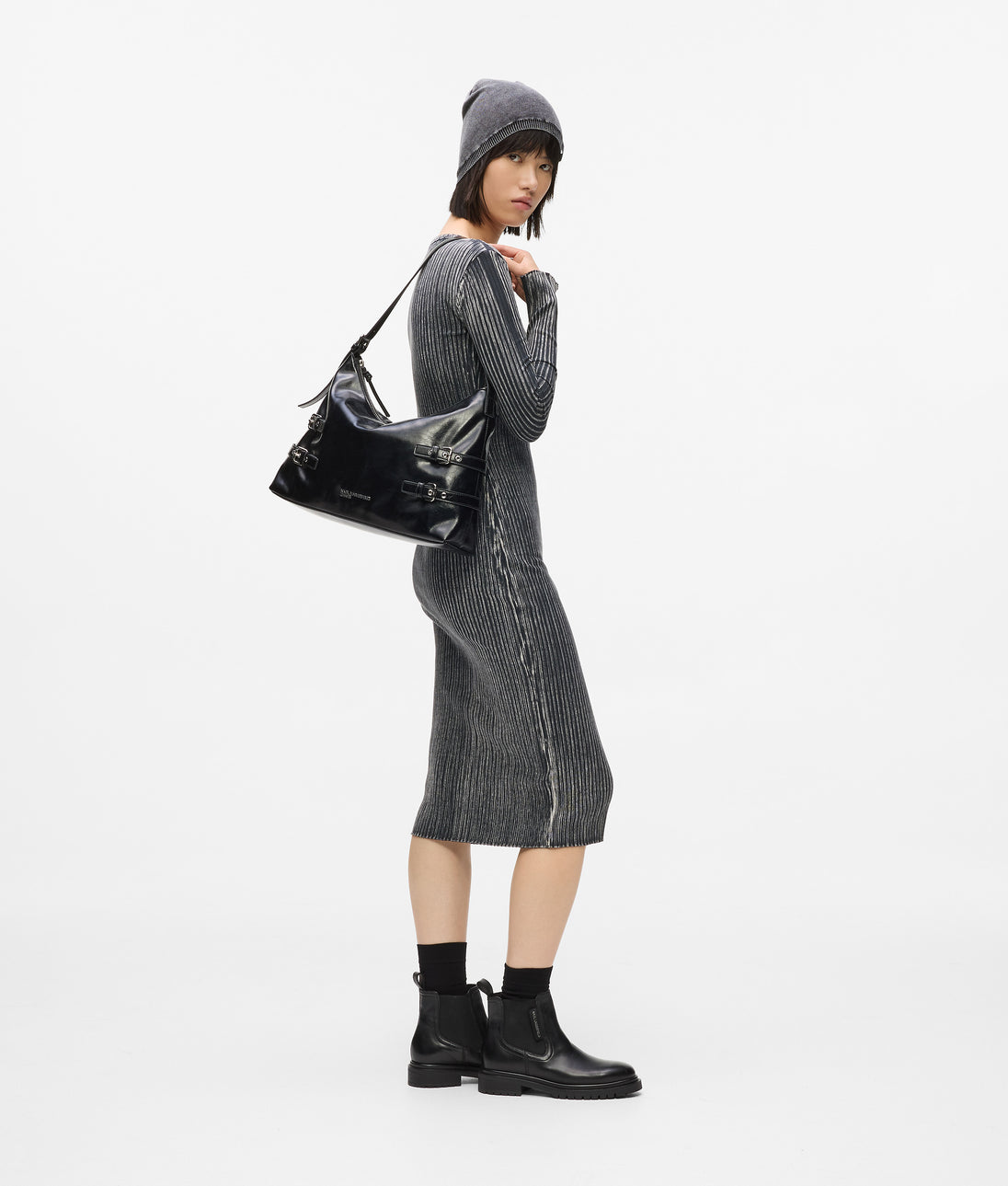 Karl Lagerfeld Ribbed Long-Sleeved Dress Washed Black