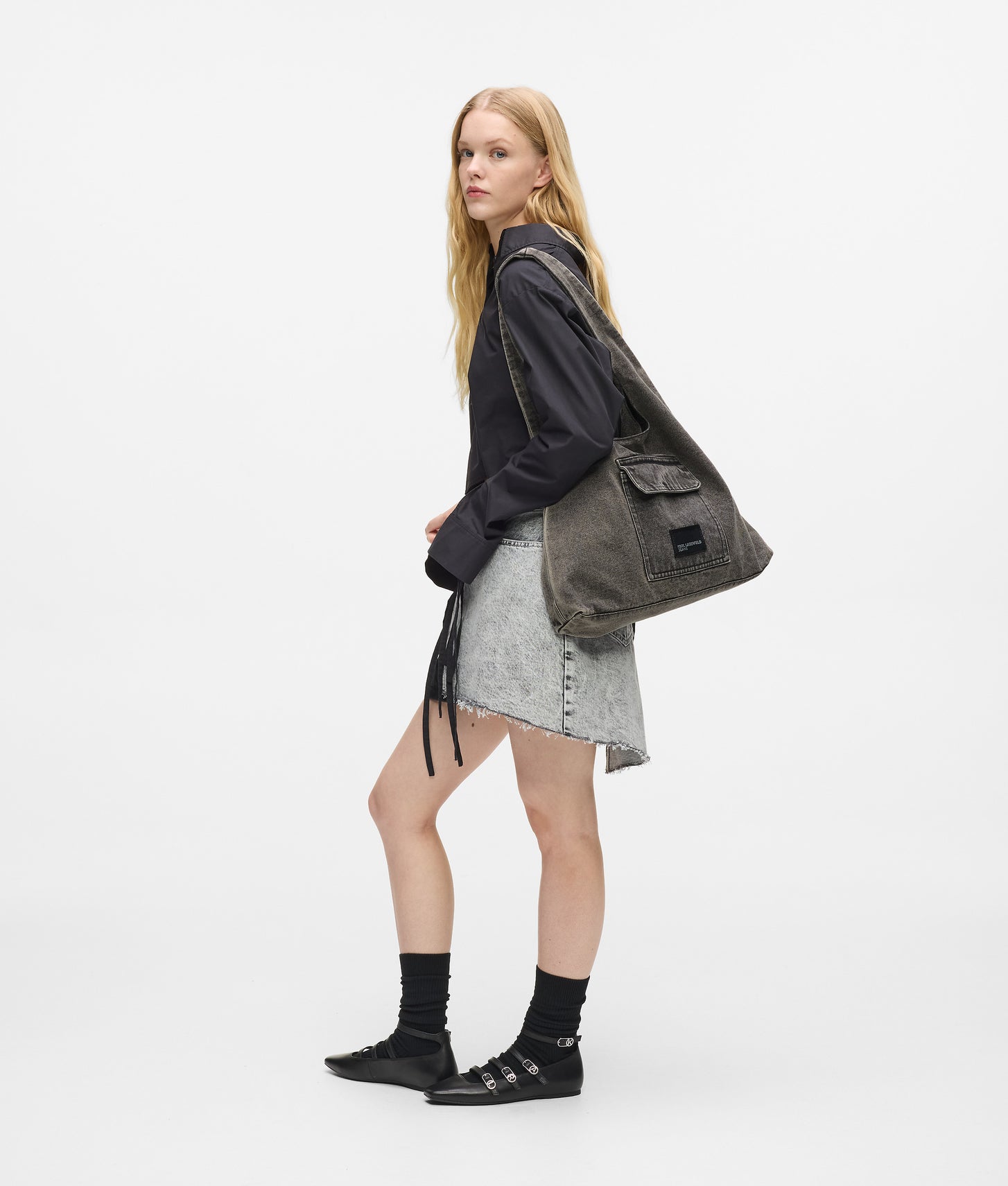 KarlLagerfeld Denim Hobo Shopper Black Denim-Grey Denim