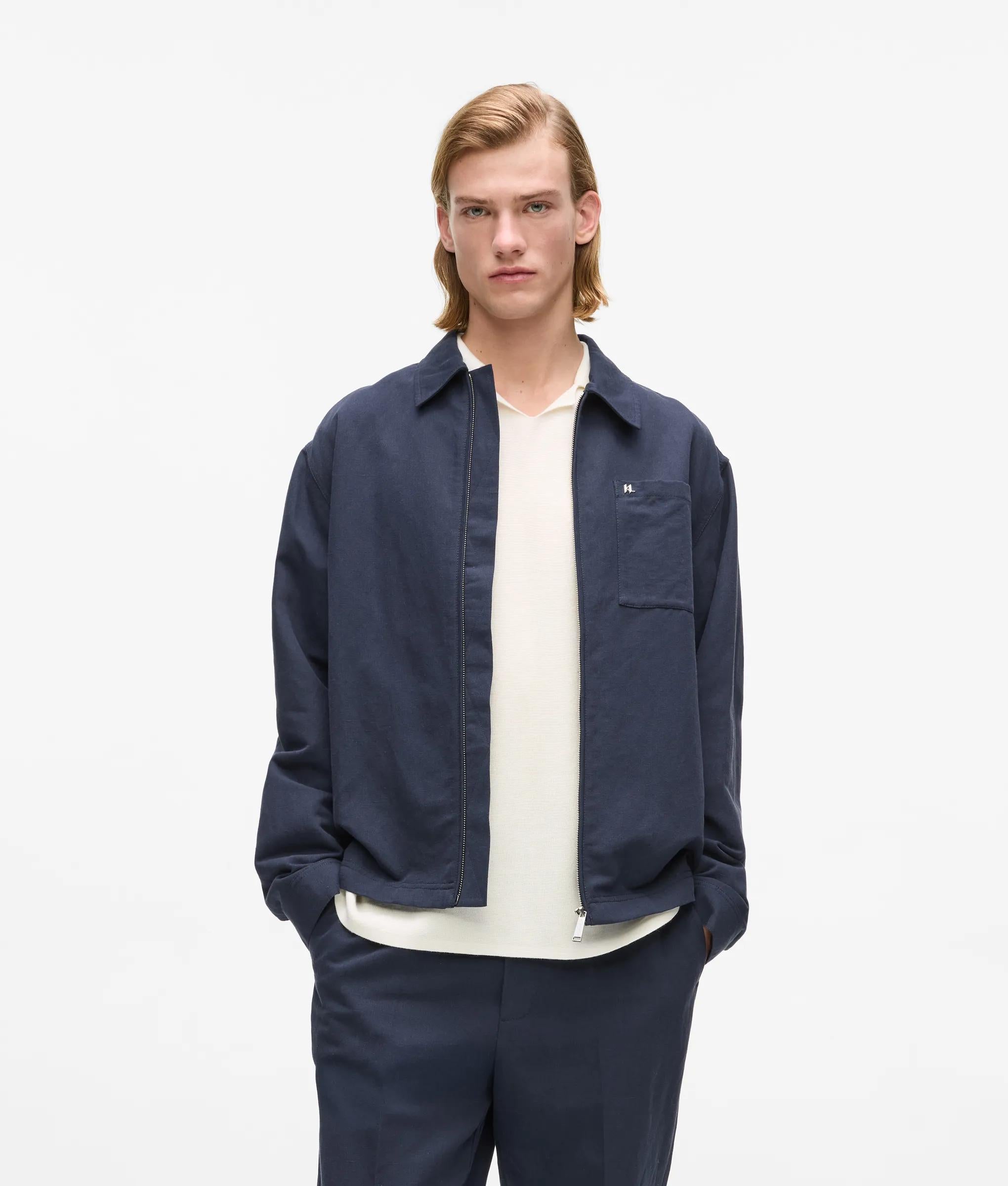 Karl Lagerfeld Linen Zip-Up Jacket Peacoat