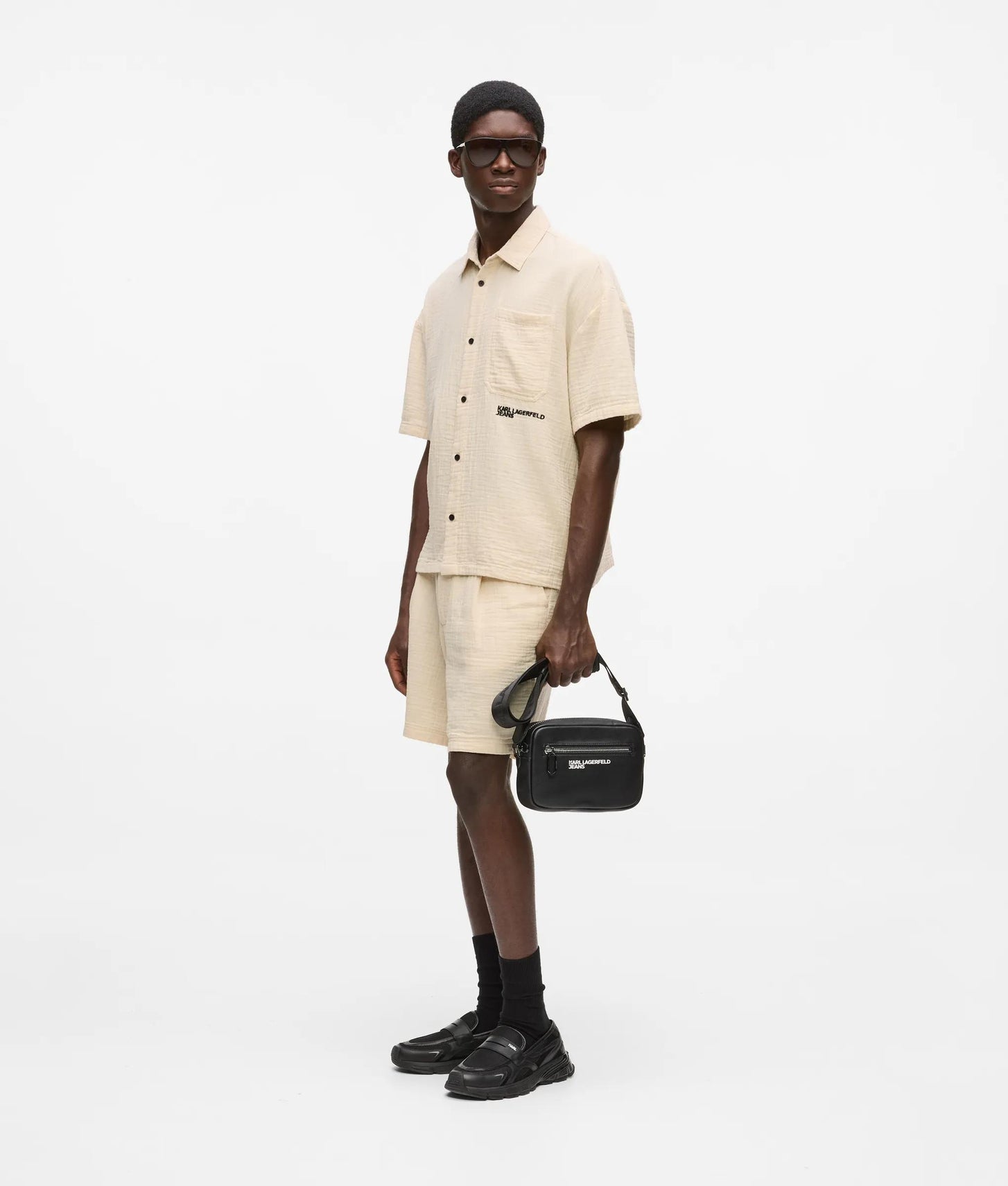 Karl Lagerfeld Short-Sleeved Crinkled Shirt Whitecap Grey