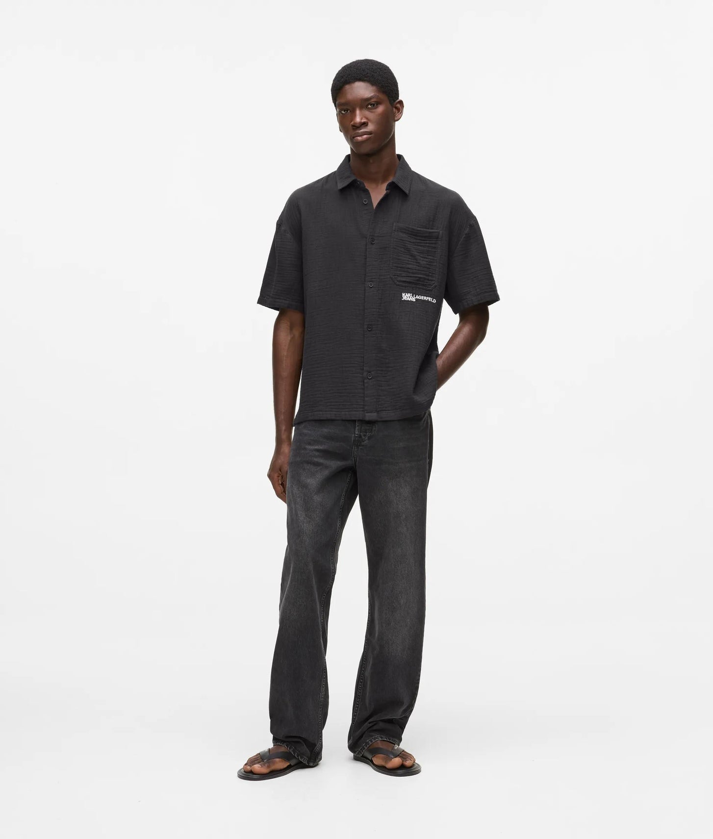 Karl Lagerfeld Short-Sleeved Crinkled Shirt Black