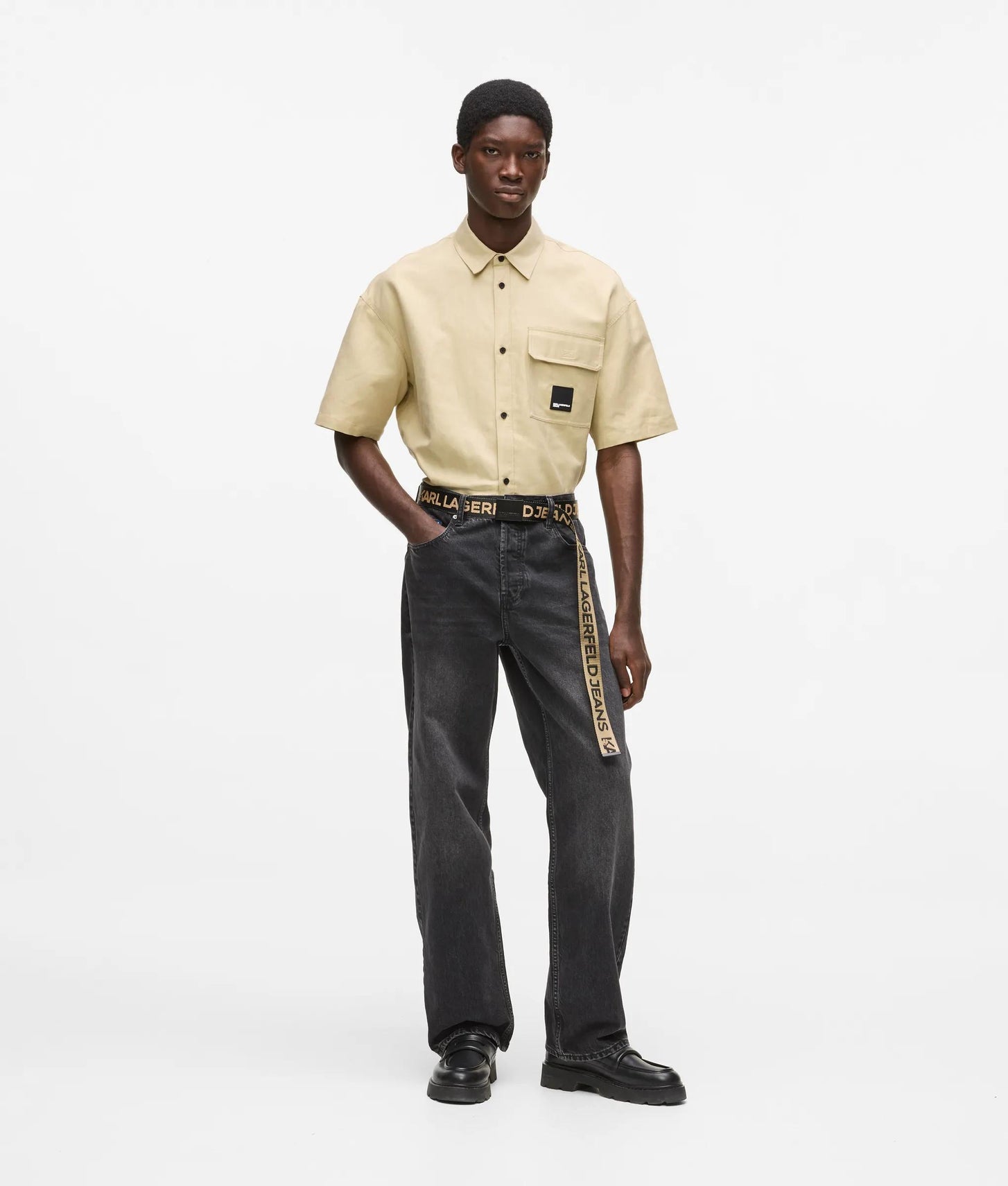 Karl Lagerfeld Short-Sleeved Linen Blend Shirt Pale Khaki