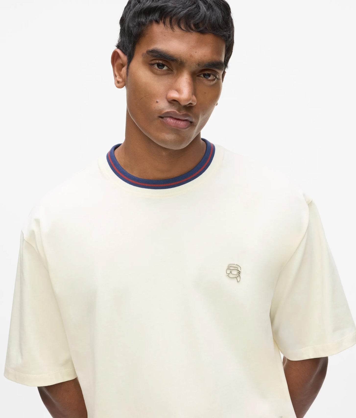 Karl Lagerfeld Ikon Striped Neck T-Shirt Cannoli Cream