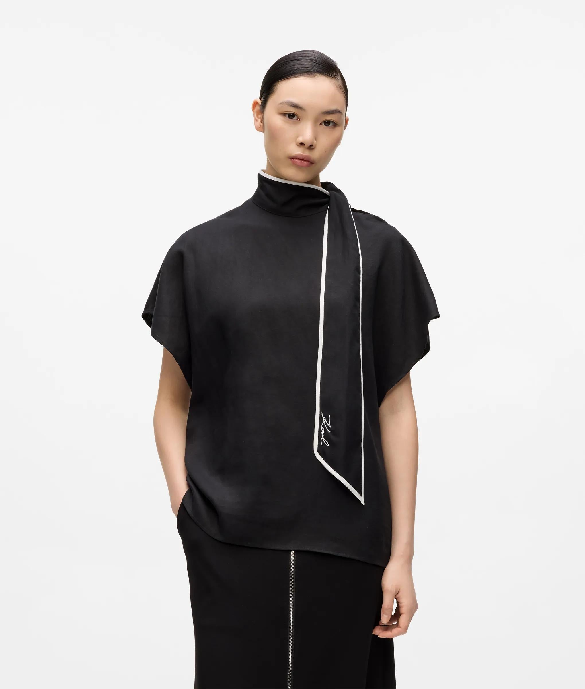 Karl Lagerfeld Linen Blend Pipelined Blouse Black
