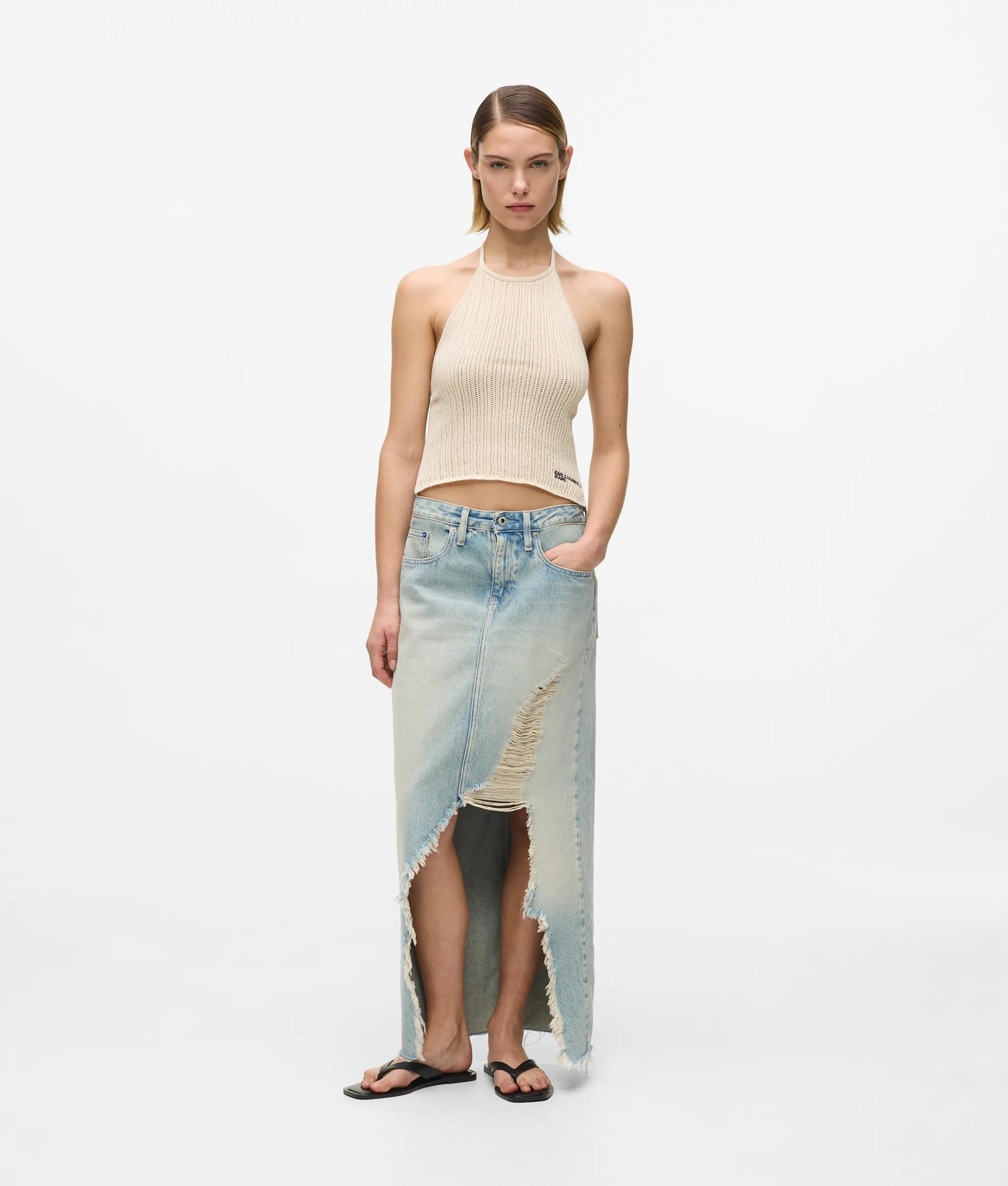 Karl Lagerfeld Distressed Denim Maxi Skirt Tinted Washed Blue