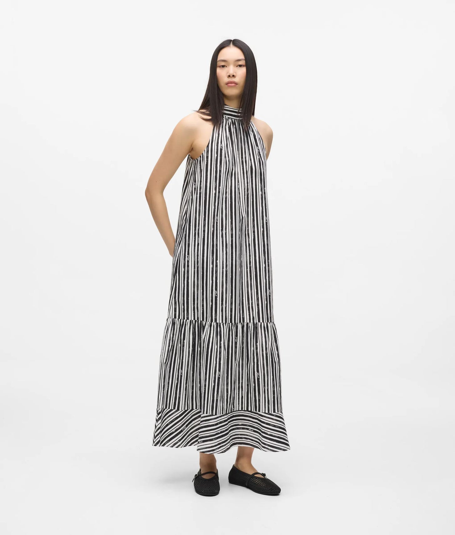 Karl Lagerfeld Striped Halterneck Maxi Dress Black Stripes