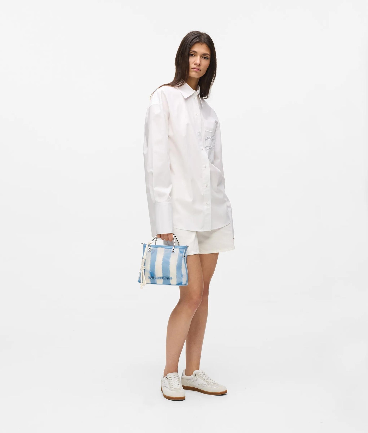 KarlLagerfeld Ikon Mesh Small Tote Bag Blue Bloom Stripes