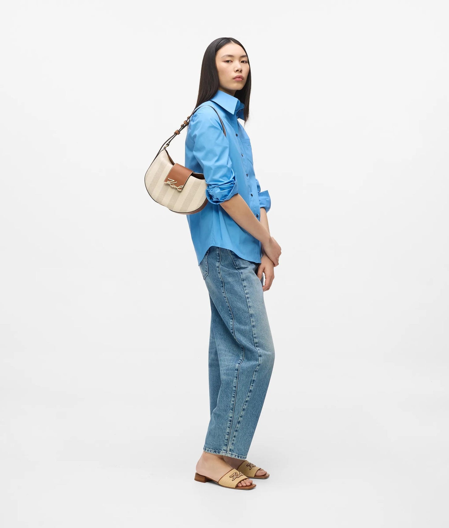 KarlLagerfeld Ksignature Striped Shoulder Bag Natural Canvas Tan