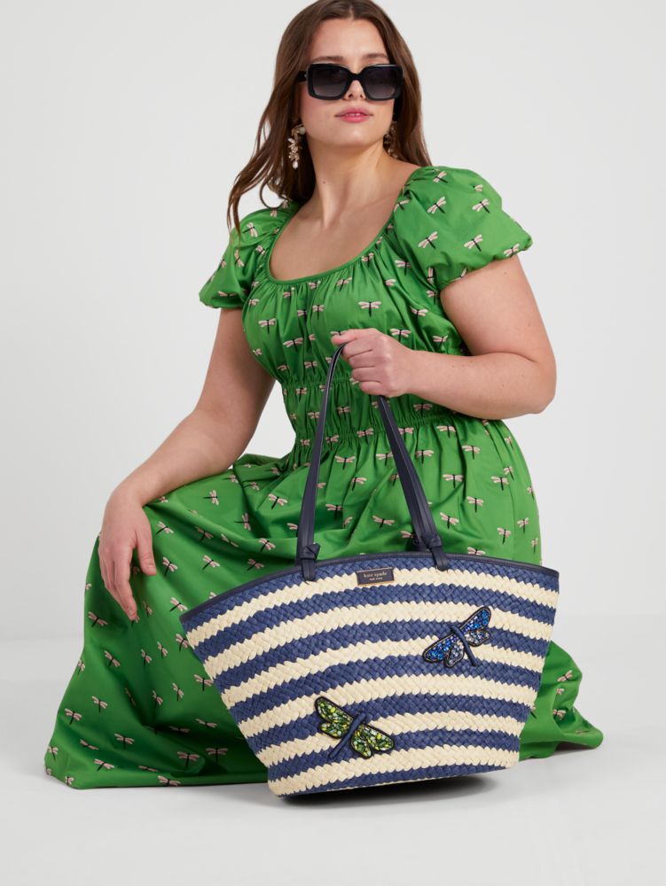 KateSpade Shore Thing Embellished Striped Straw Large Tote Blazer Blue Multi
