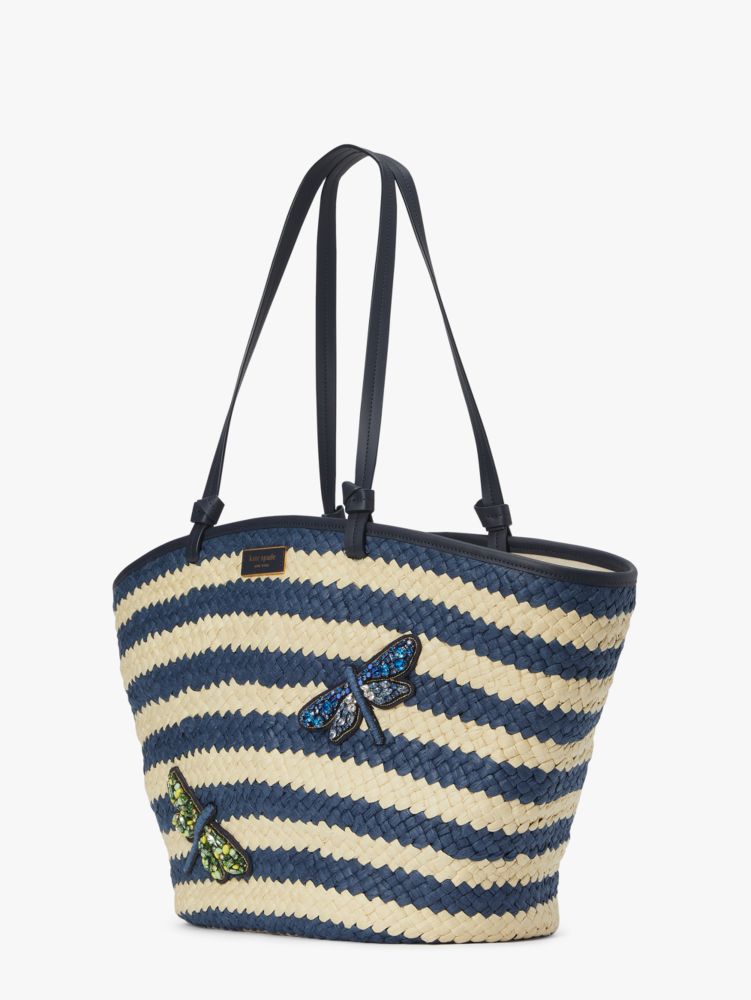 KateSpade Shore Thing Embellished Striped Straw Large Tote Blazer Blue Multi