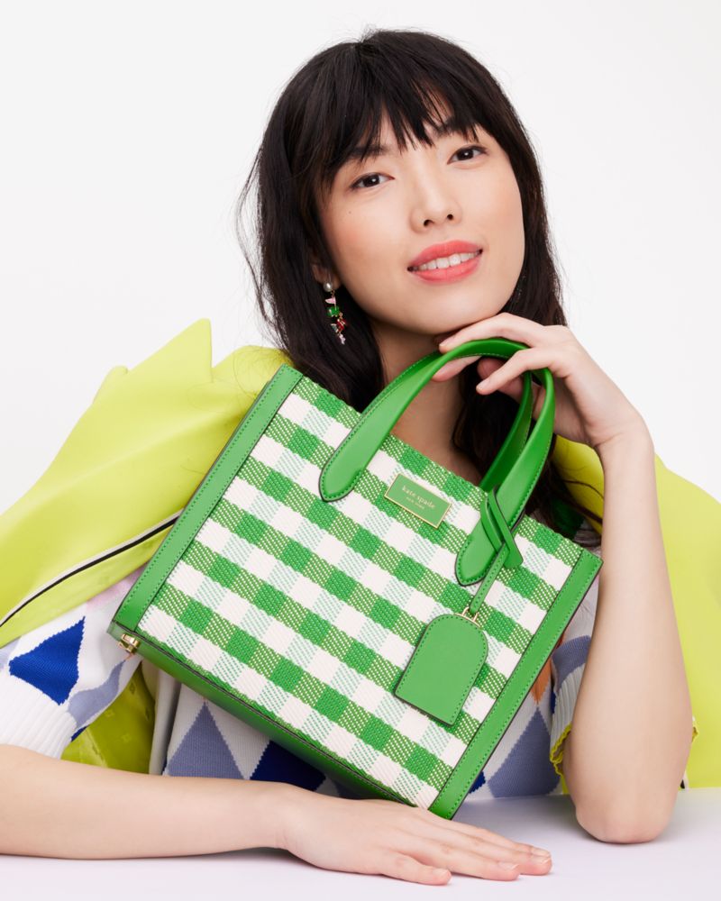 KateSpade Manhattan Gingham Tweed Fabric Small Tote Summit Green Multi