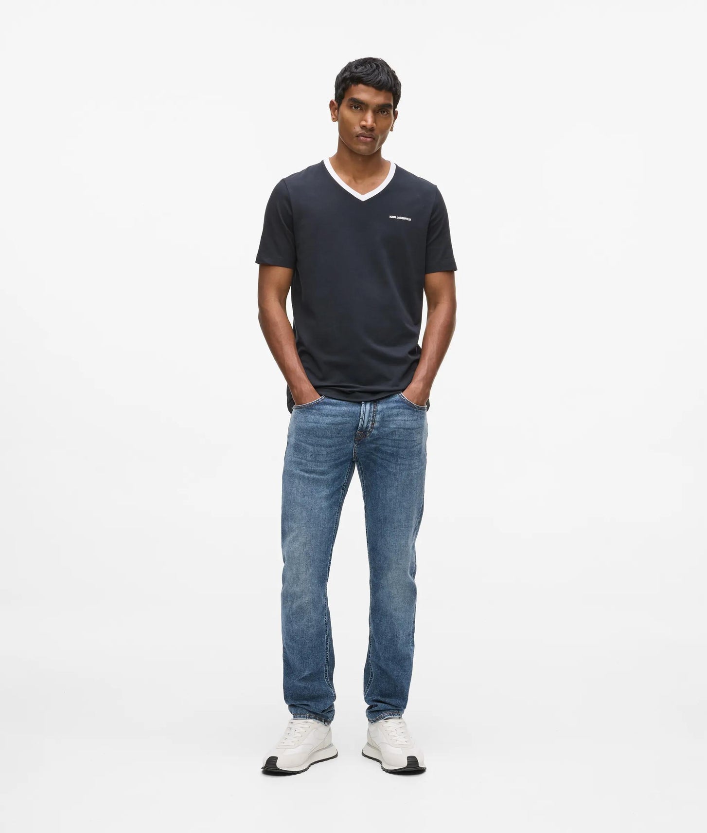 Karl Lagerfeld Contrast V-Neck T-Shirt Navy