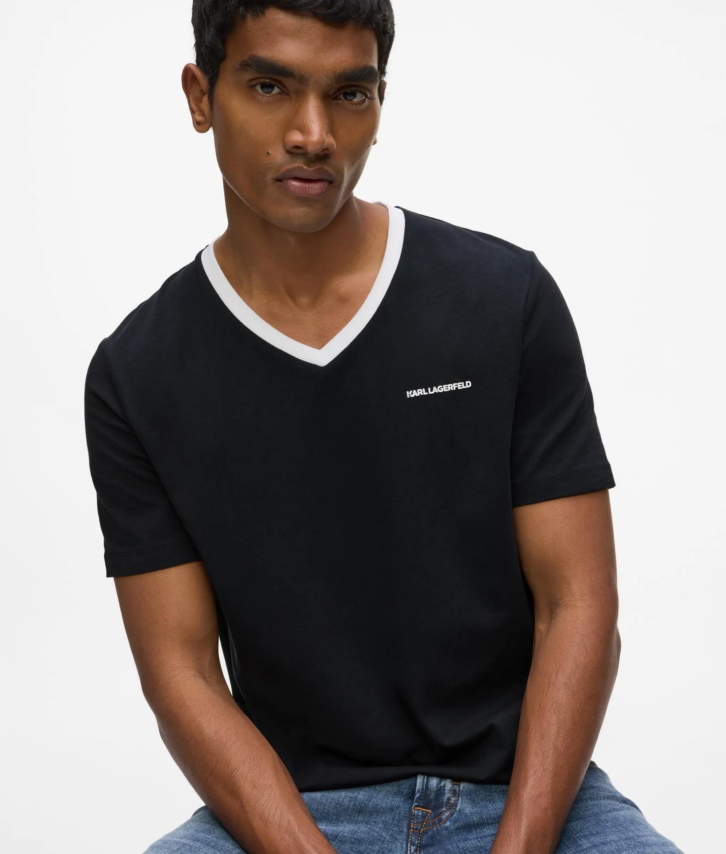 Karl Lagerfeld Contrast V-Neck T-Shirt Black