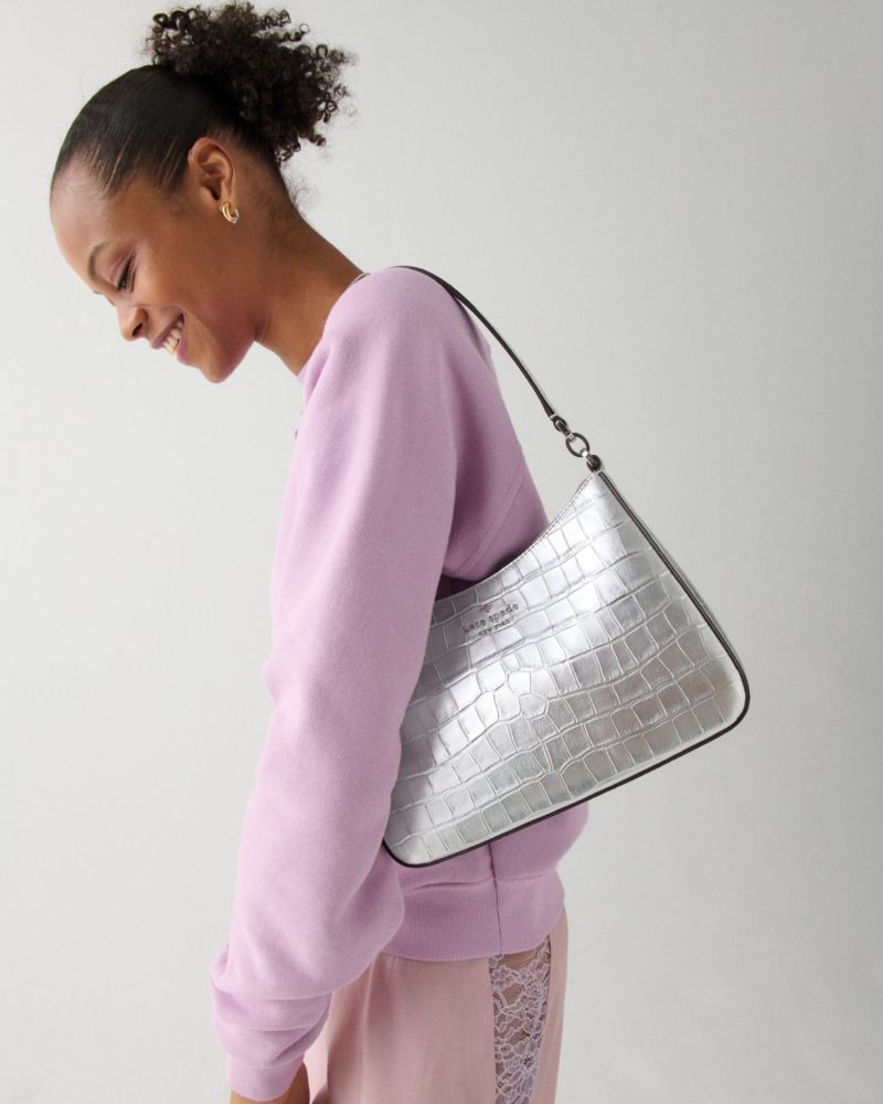 KateSpade Margot Metallic Croc Embossed Convertible Shoulder Bag Silver