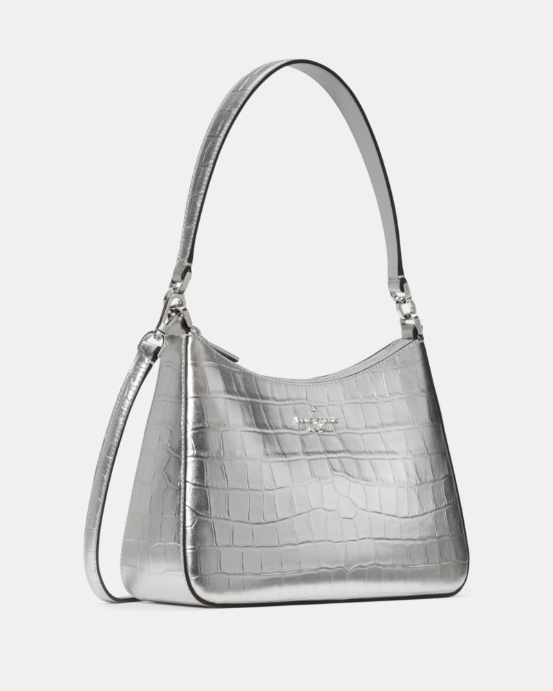KateSpade Margot Metallic Croc Embossed Convertible Shoulder Bag Silver