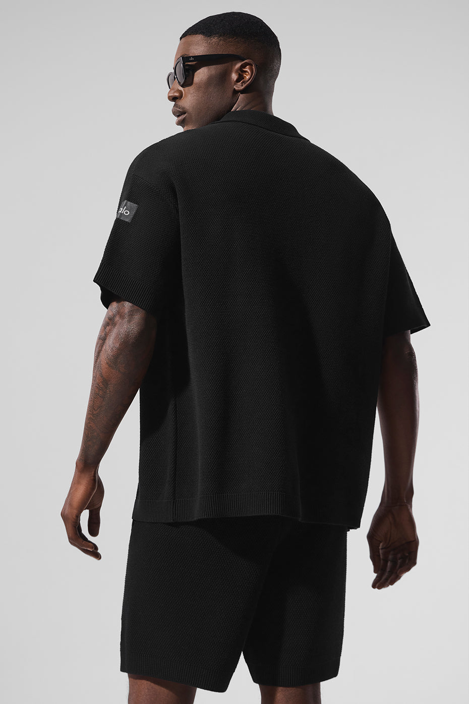Alo Yoga Sports Club Sweater Knit Short Sleeve Button Up - Black