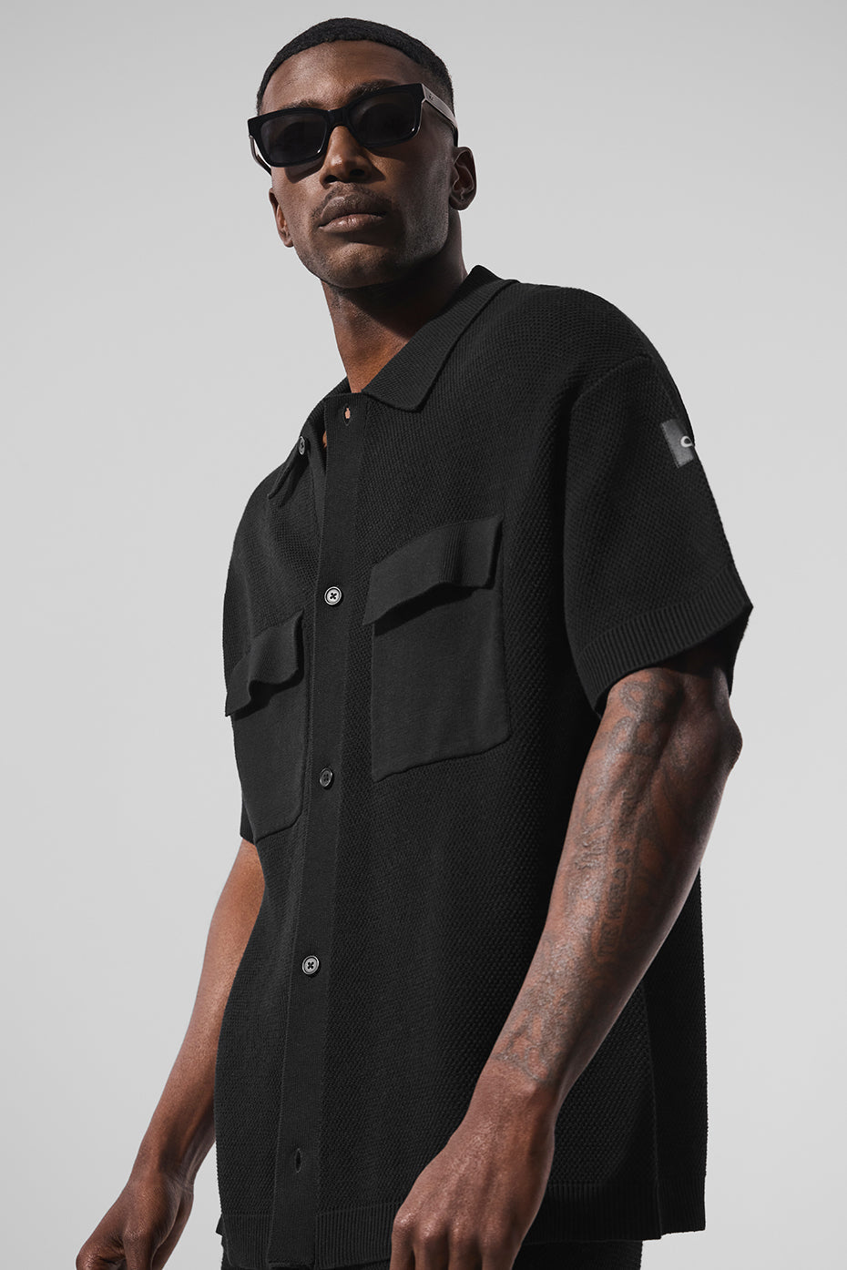 Alo Yoga Sports Club Sweater Knit Short Sleeve Button Up - Black