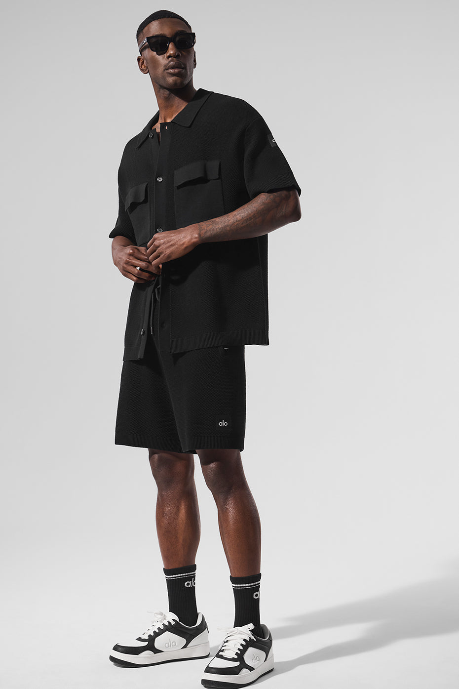 Alo Yoga Sports Club Sweater Knit Short Sleeve Button Up - Black