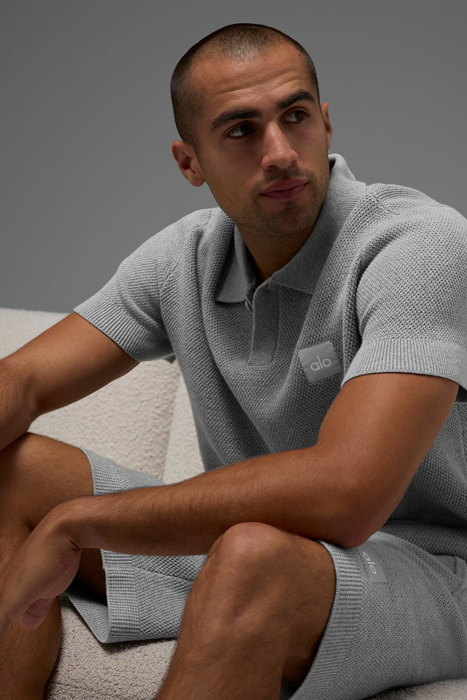 Alo Yoga Sports Club Sweater Knit Polo - Athletic Heather Grey