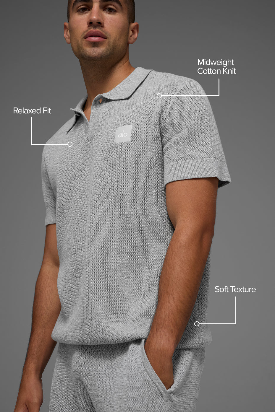 Alo Yoga Sports Club Sweater Knit Polo - Athletic Heather Grey