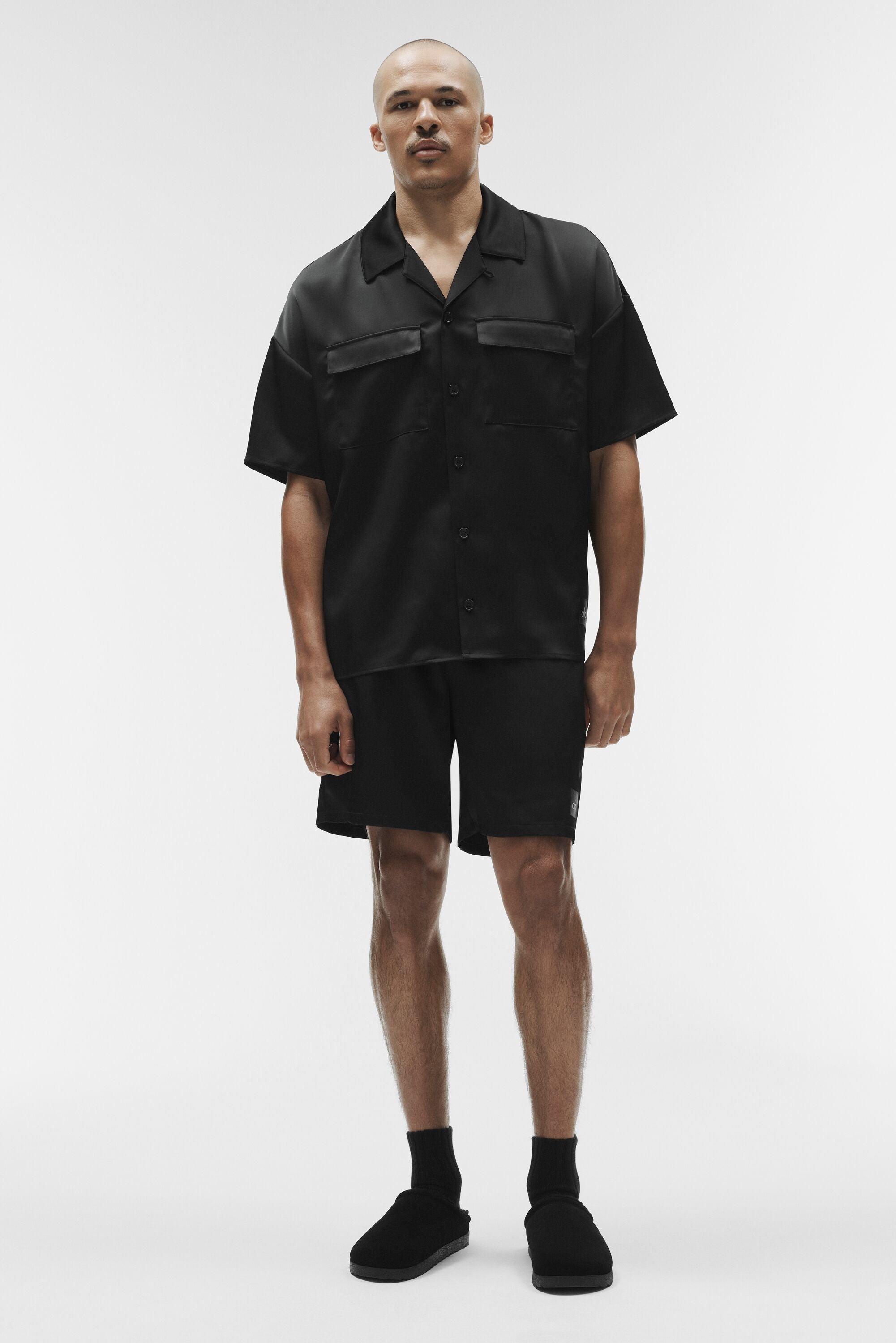 Alo Yoga Satin Horizon Short Sleeve Button Up - Black
