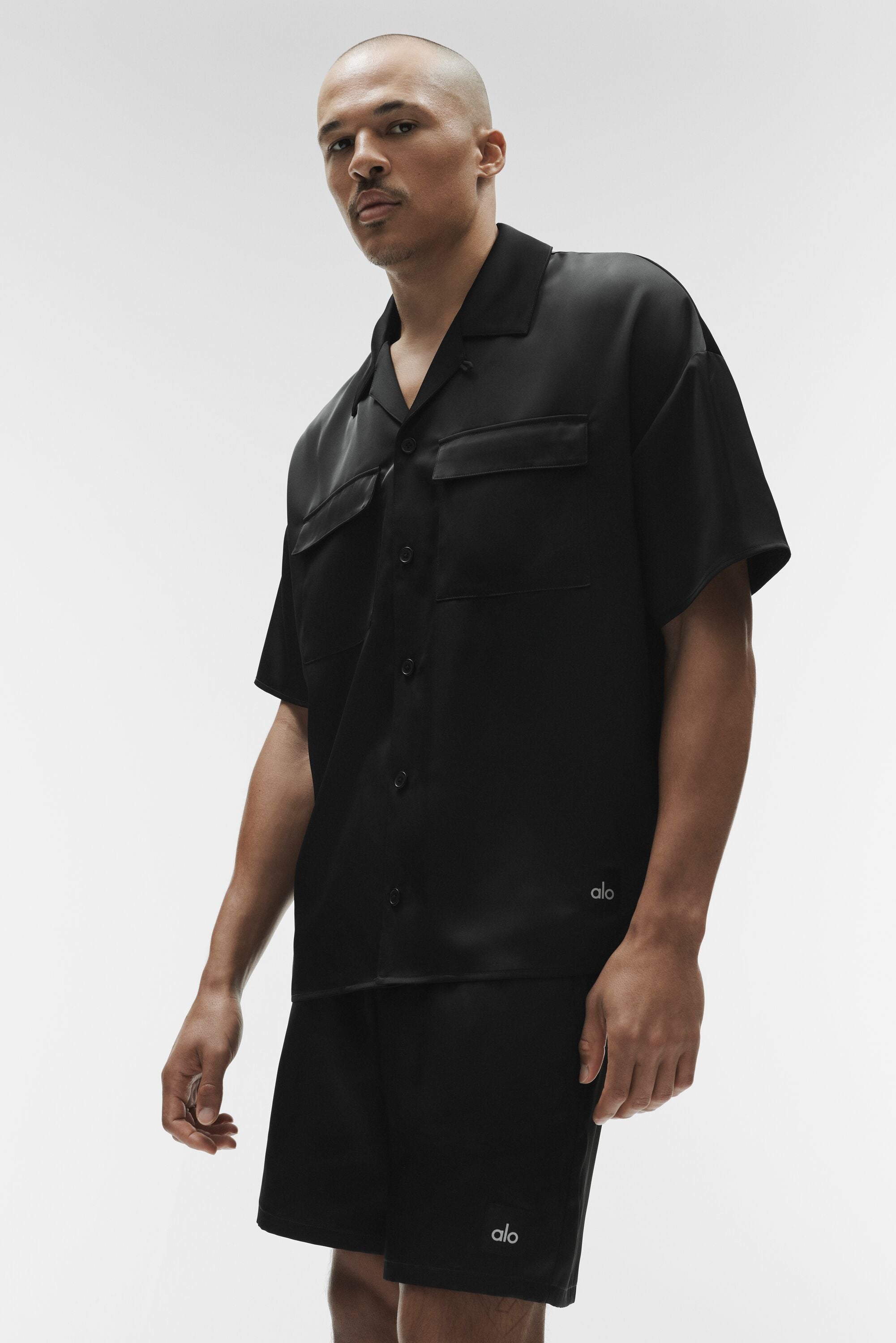 Alo Yoga Satin Horizon Short Sleeve Button Up - Black