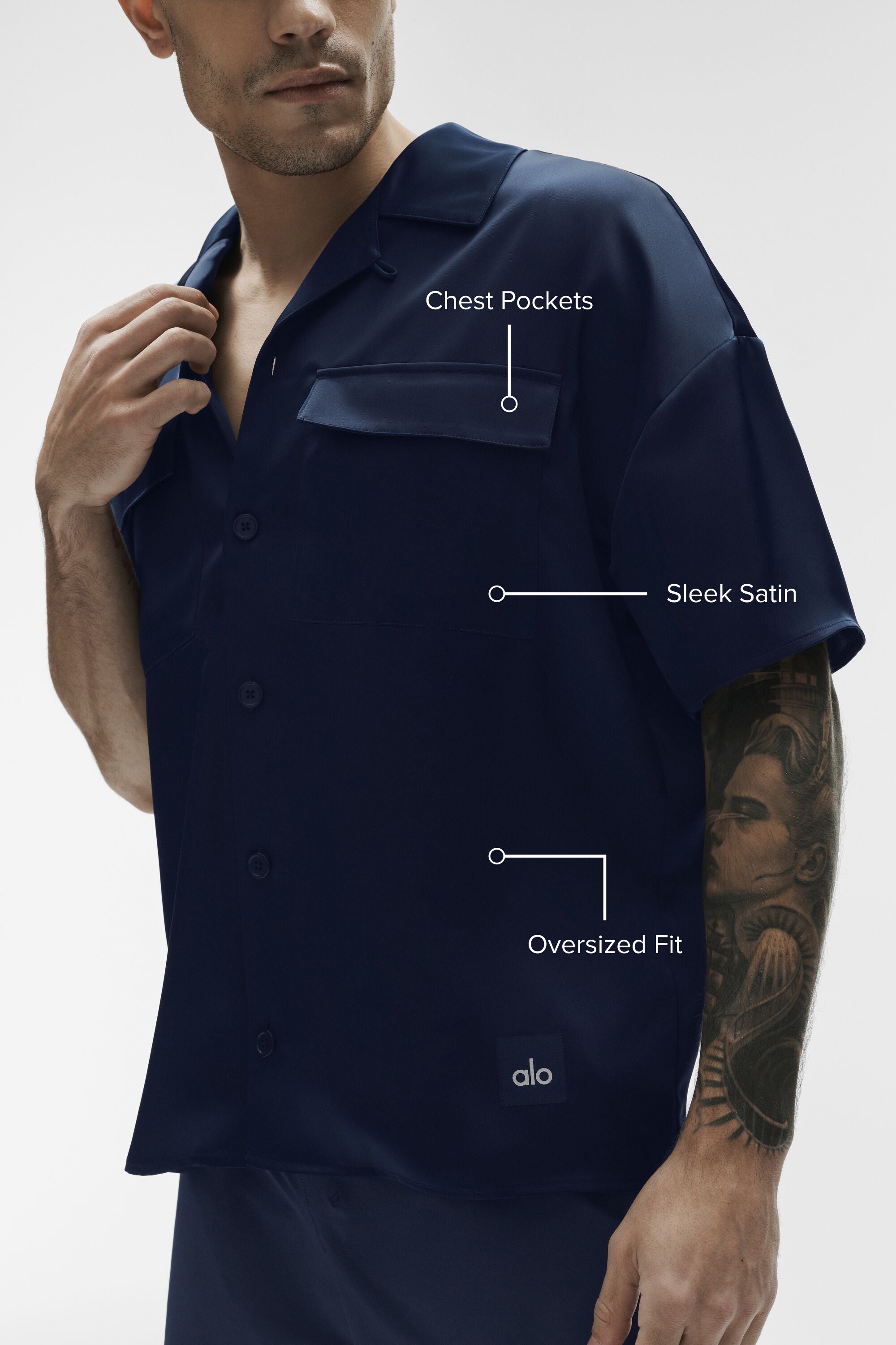Alo Yoga Satin Horizon Short Sleeve Button Up - Navy