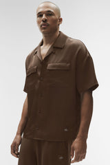 Alo Yoga Satin Horizon Short Sleeve Button Up - Espresso