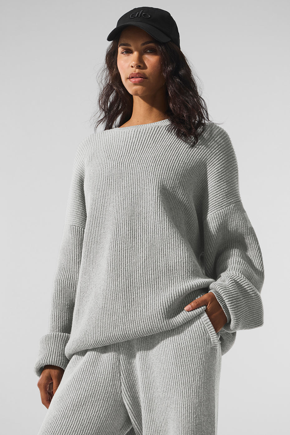 Alo Yoga Domain Rib Knit Crew Sweater - Athletic Heather Grey