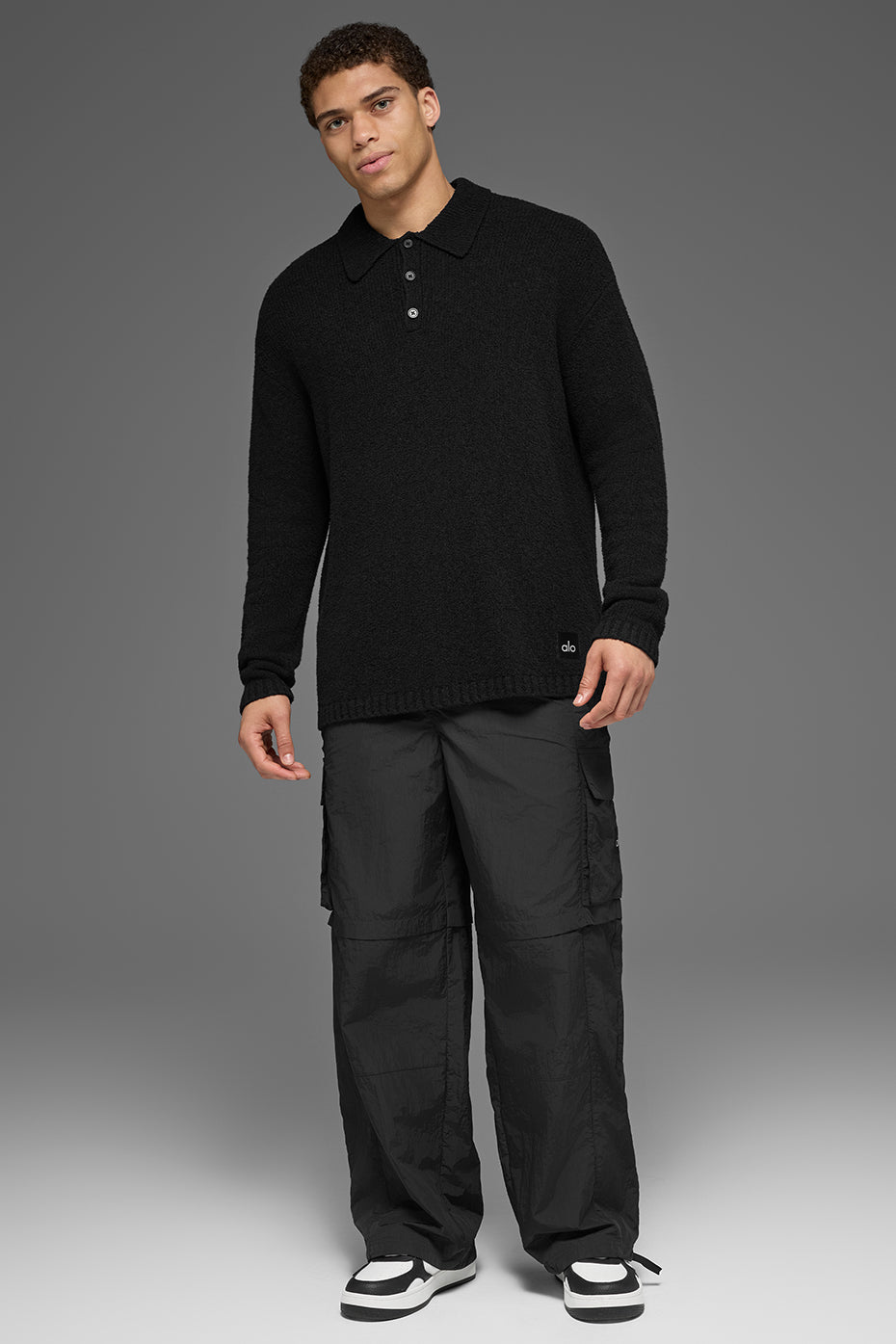 Alo Yoga Textured Knit Long Sleeve Polo - Black
