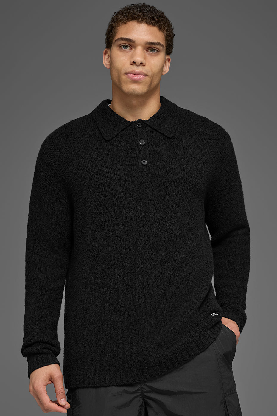 Alo Yoga Textured Knit Long Sleeve Polo - Black