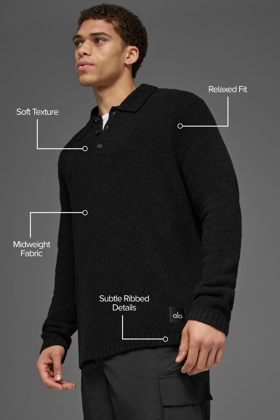 Alo Yoga Textured Knit Long Sleeve Polo - Black