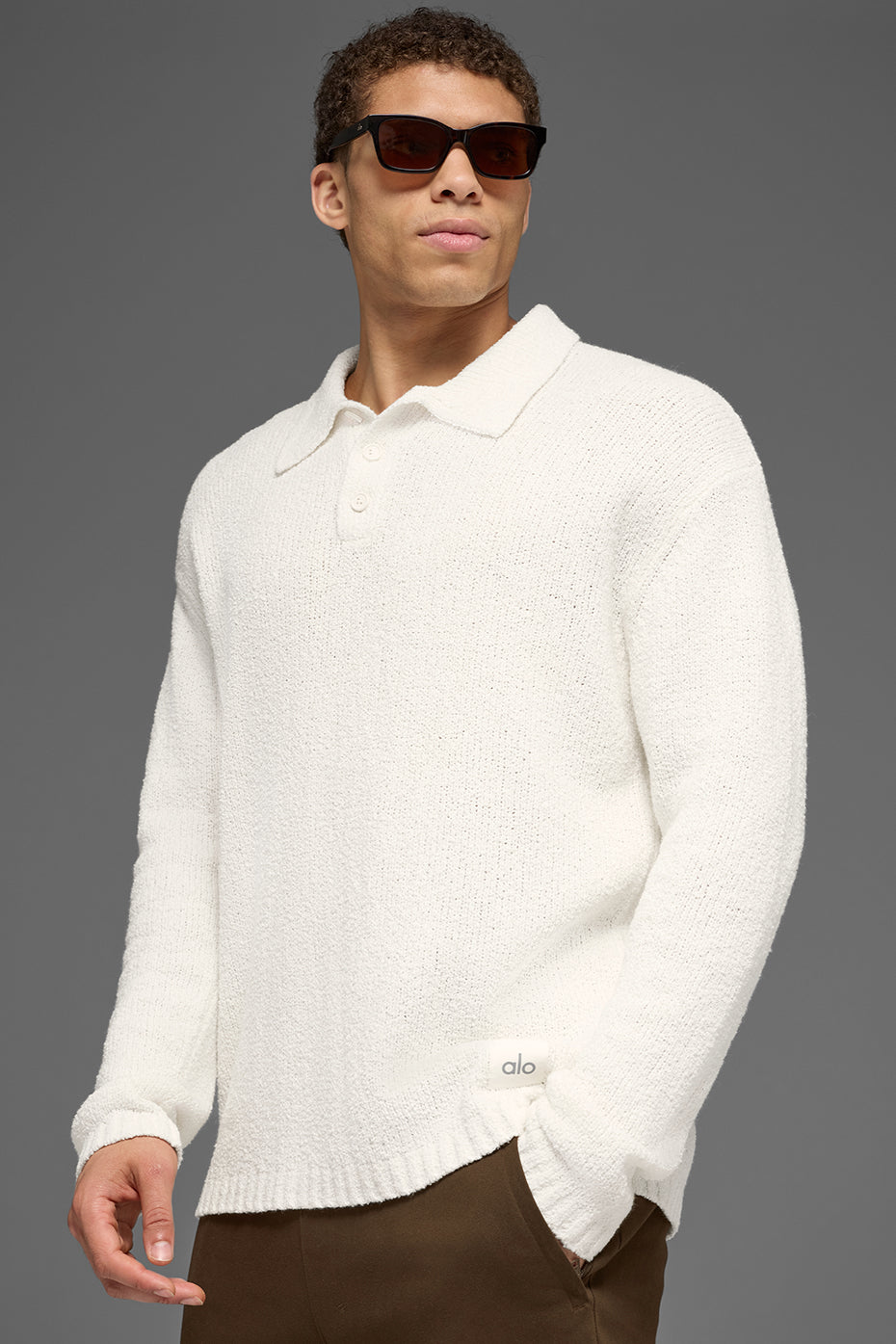 Alo Yoga Textured Knit Long Sleeve Polo - Ivory
