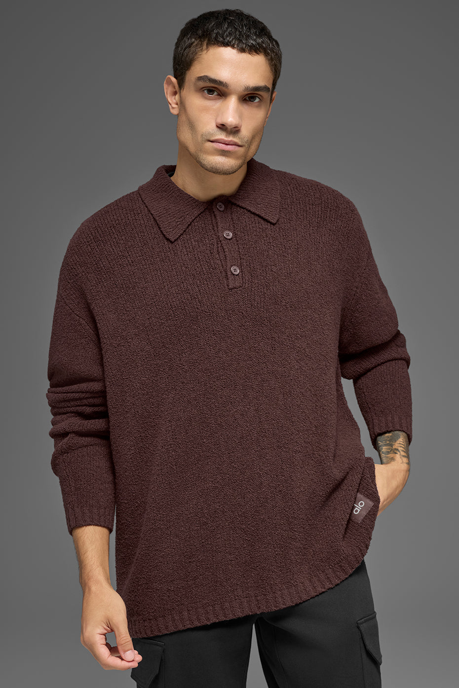 Alo Yoga Textured Knit Long Sleeve Polo - Brownstone