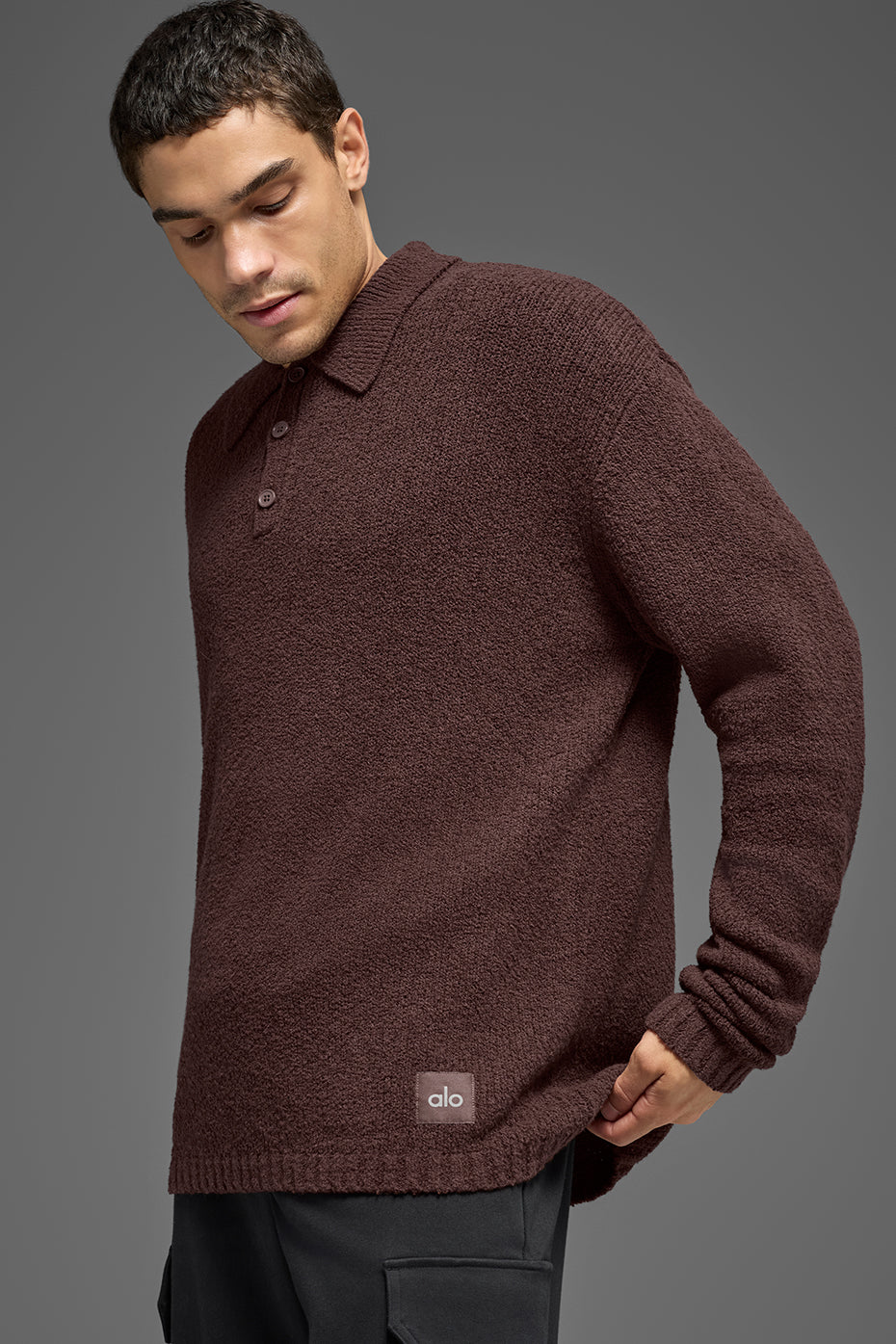 Alo Yoga Textured Knit Long Sleeve Polo - Brownstone