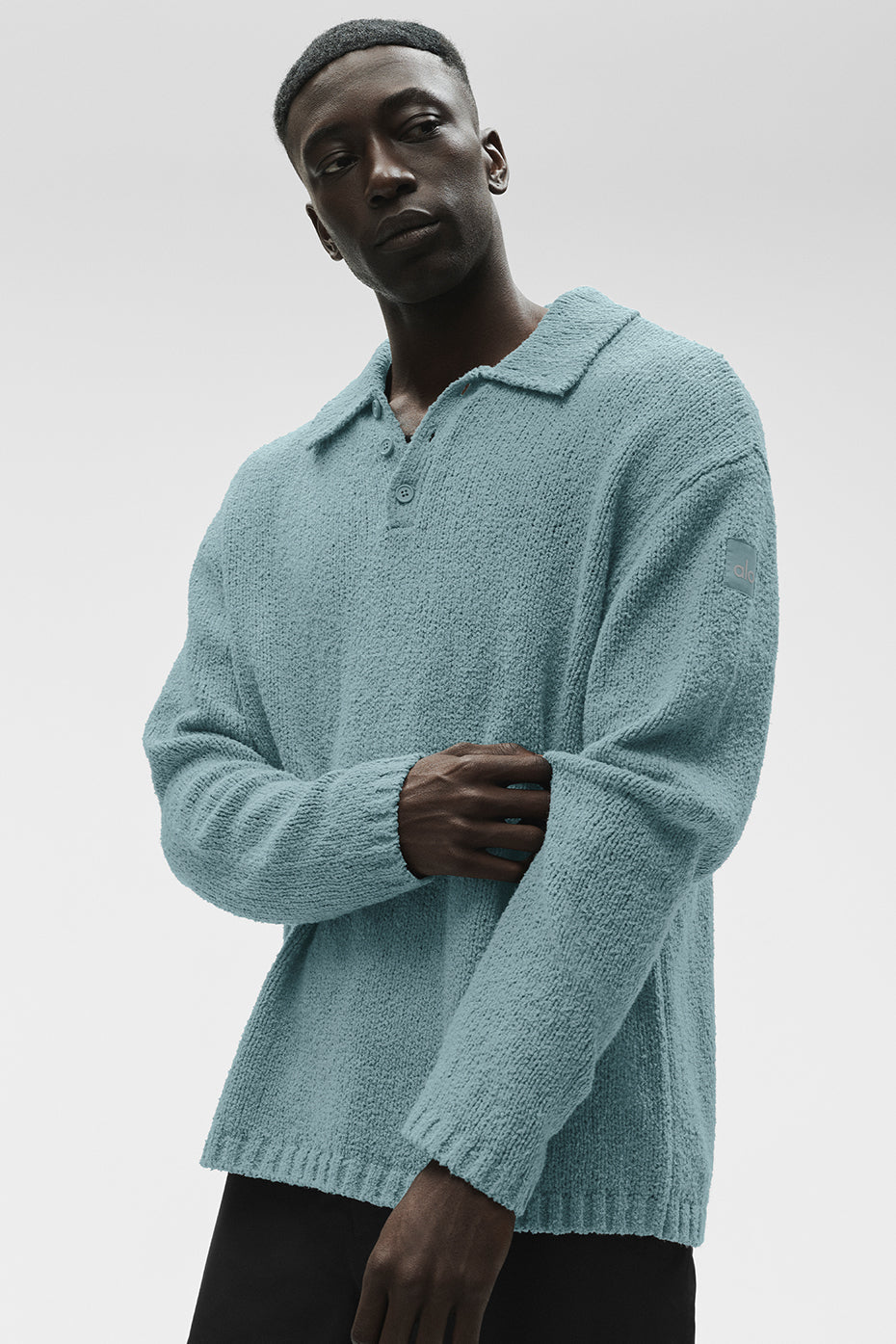 Alo Yoga Textured Knit Long Sleeve Polo - Desert Sage