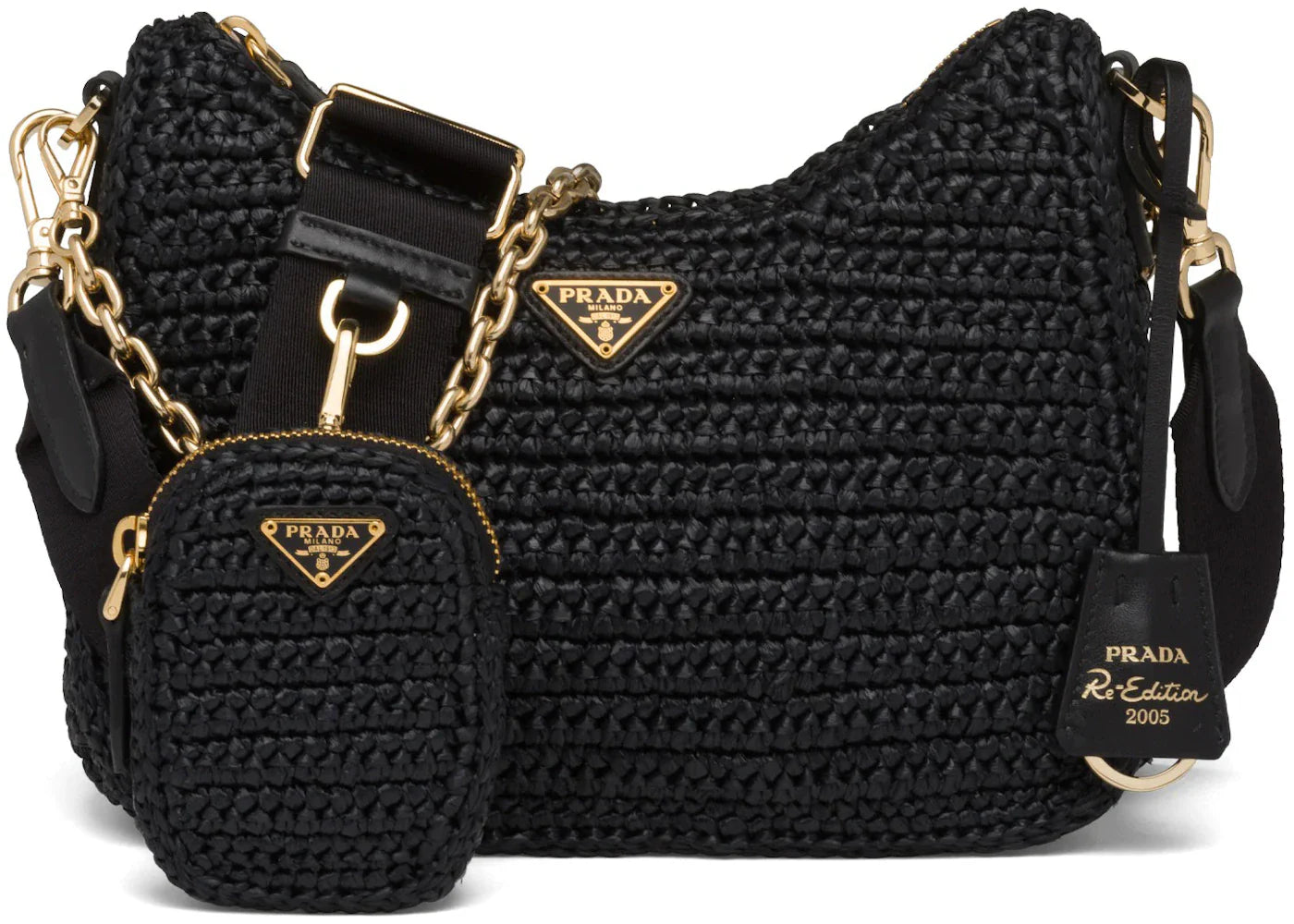 prada re-edition 2005 raffia bag black