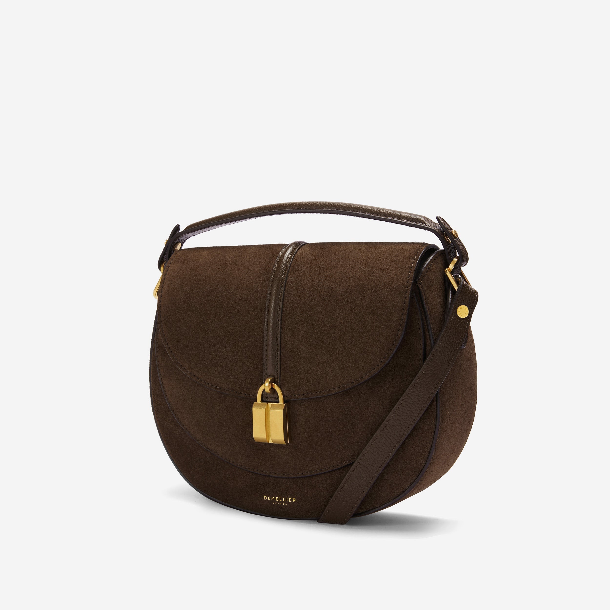 DeMellier The Siena Saddle mocha suede & mocha small grain