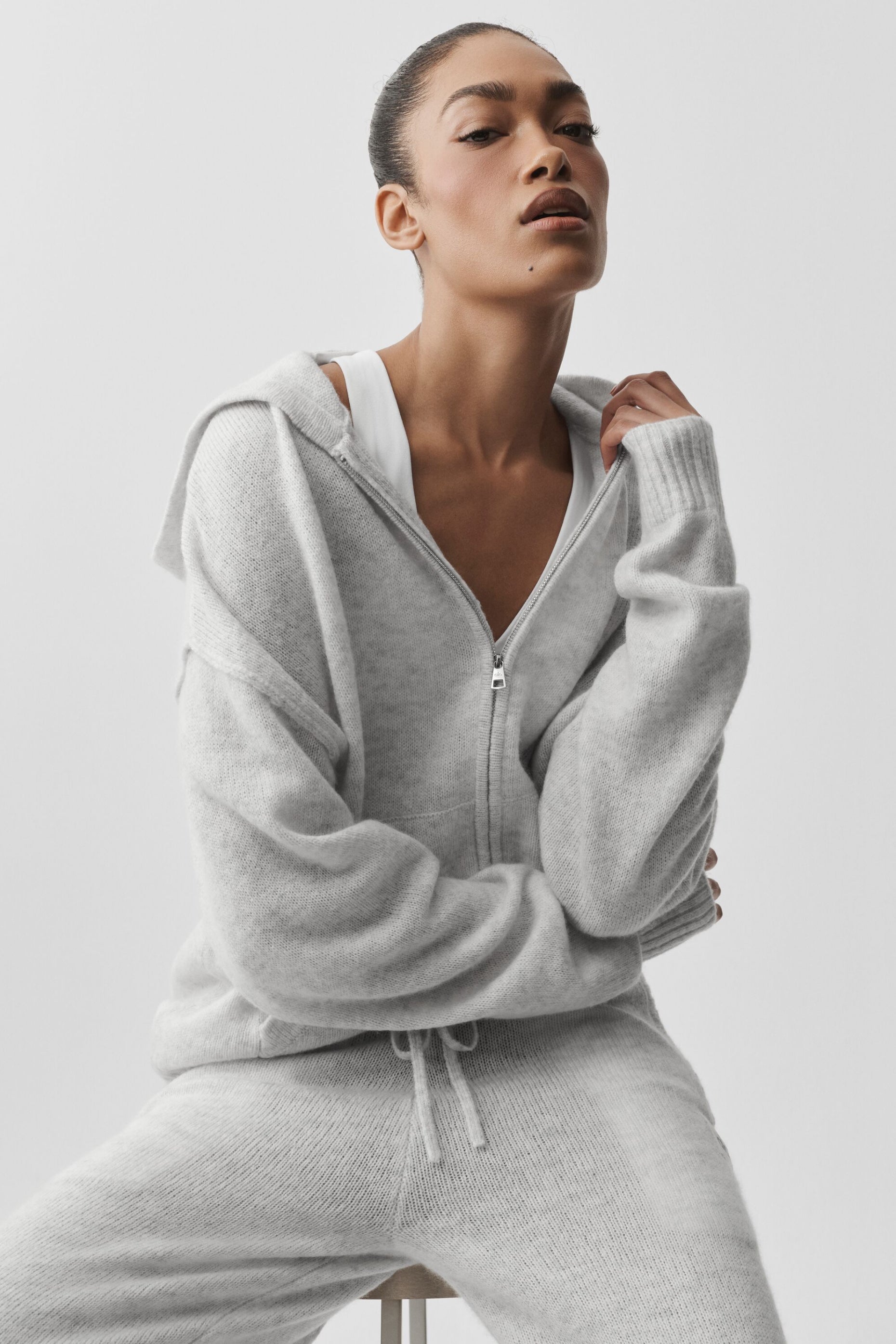 Alo Yoga Wool Cashmere New Class Full Zip Hoodie - White Heather