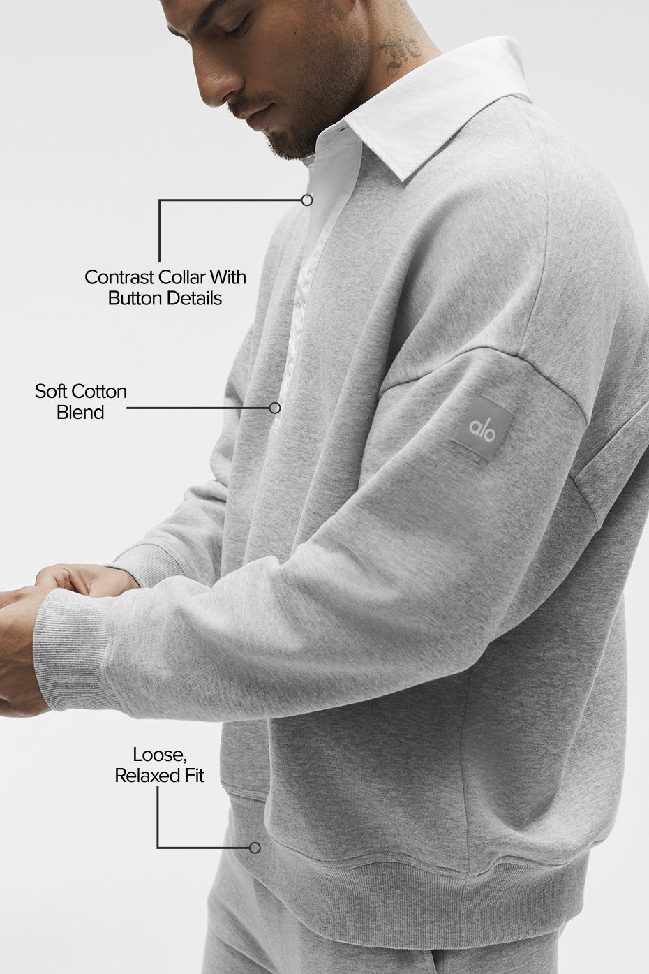 Alo Yoga Take It Easy Long Sleeve Henley Pullover - Athletic Heather Grey/White