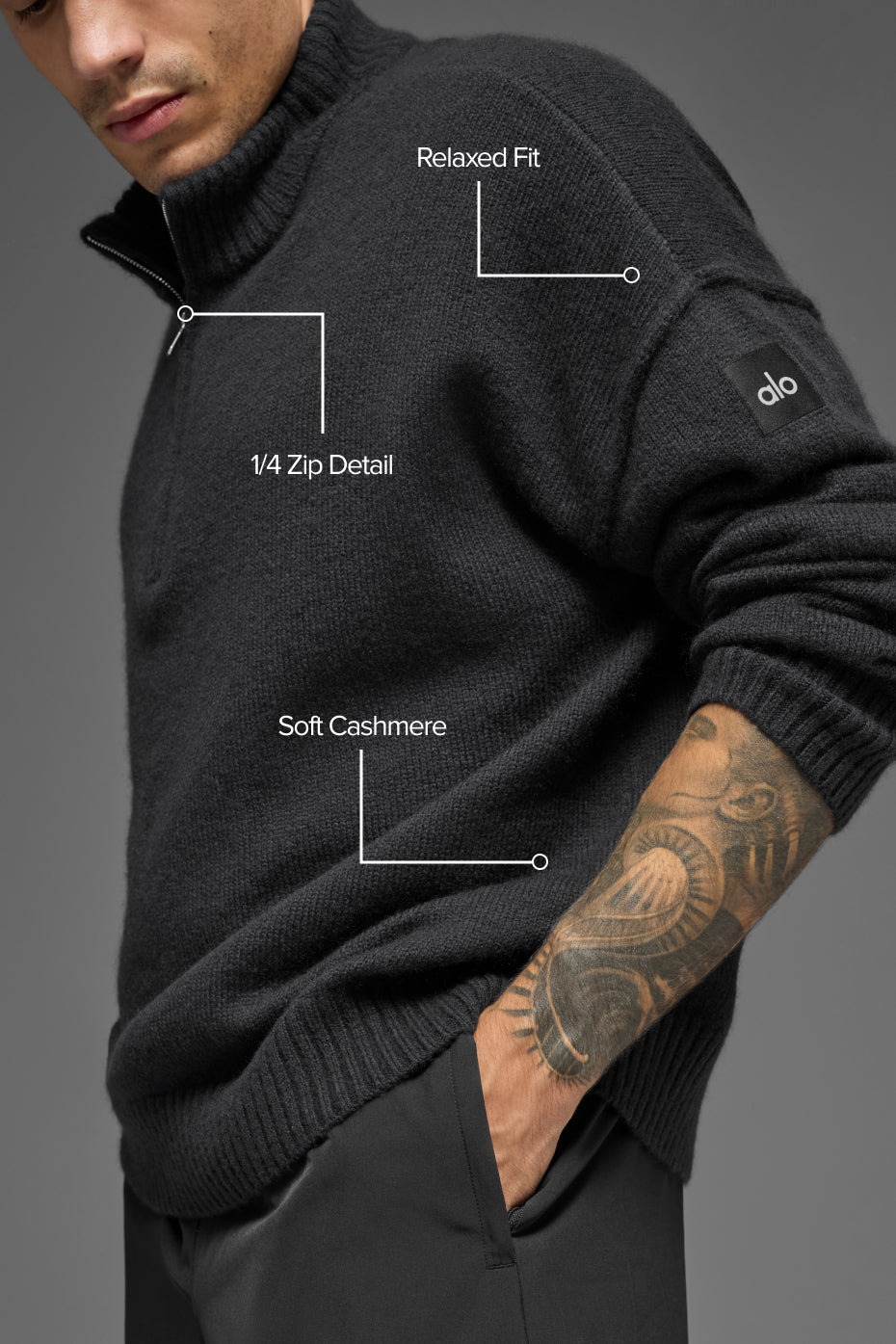 Alo Yoga Wool Cashmere New Class 1/4 Zip Pullover - Black