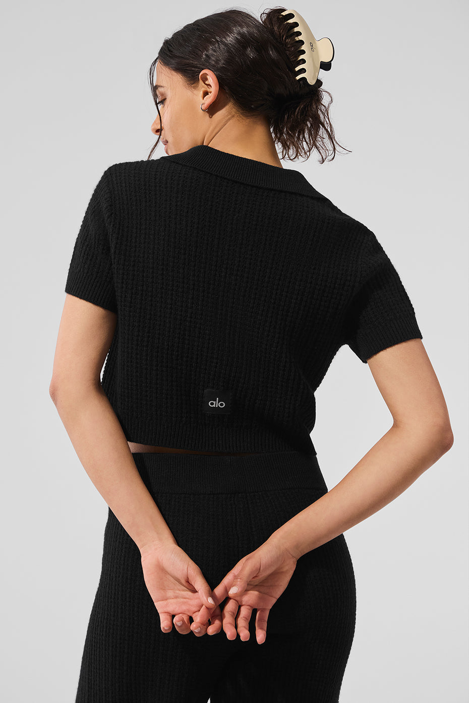 Alo Yoga Cashmere Plush Waffle Polo Tee - Black