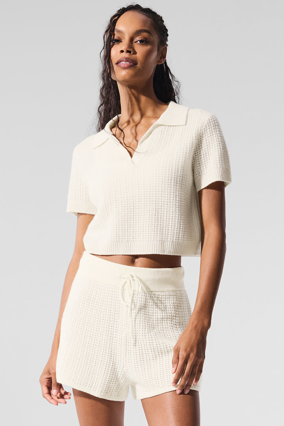 Alo Yoga Cashmere Plush Waffle Polo Tee - Ivory