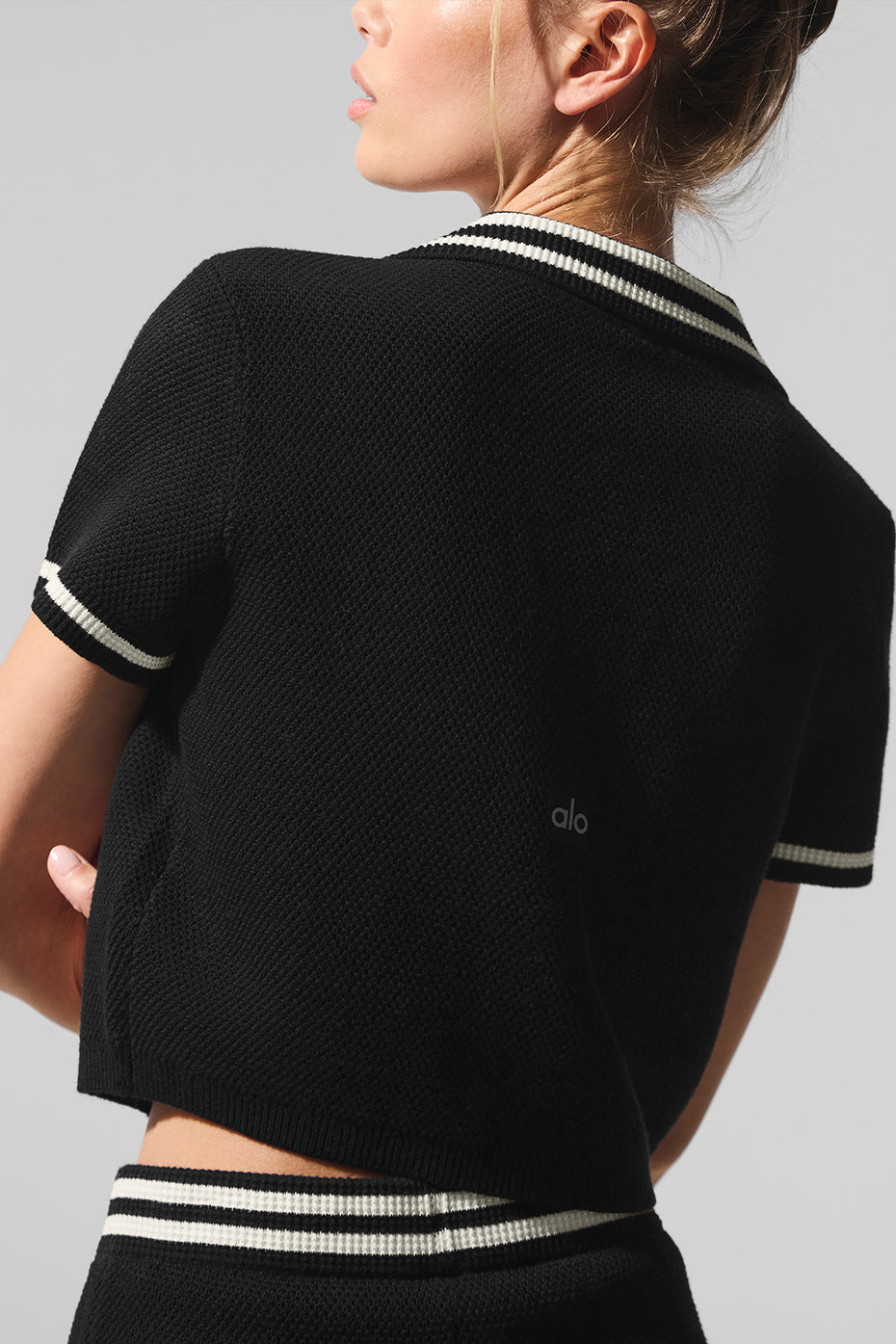 Alo Yoga Tennis Club Sweater Knit Cropped Polo - Black/Ivory