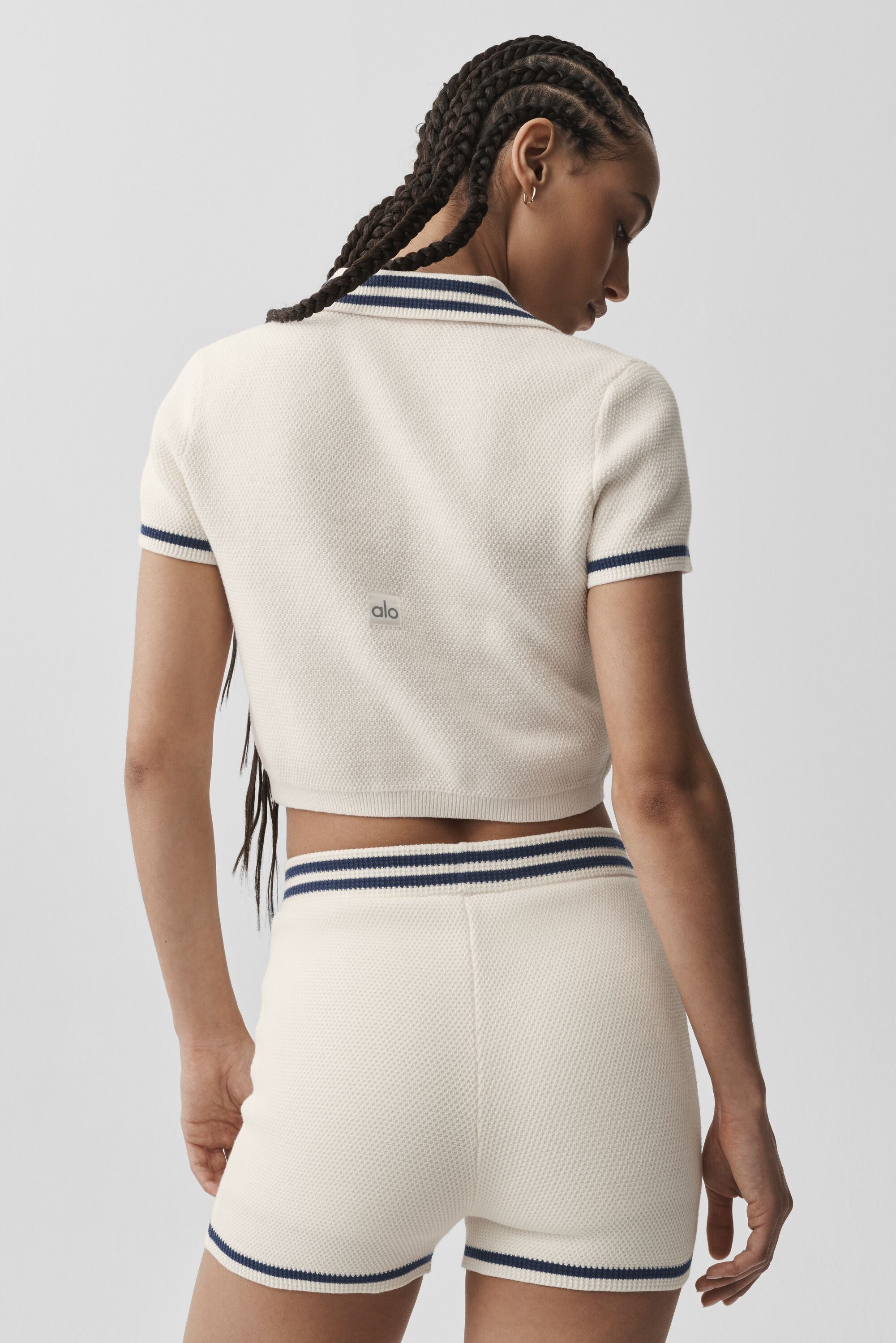 Alo Yoga Tennis Club Sweater Knit Cropped Polo - Ivory/Navy
