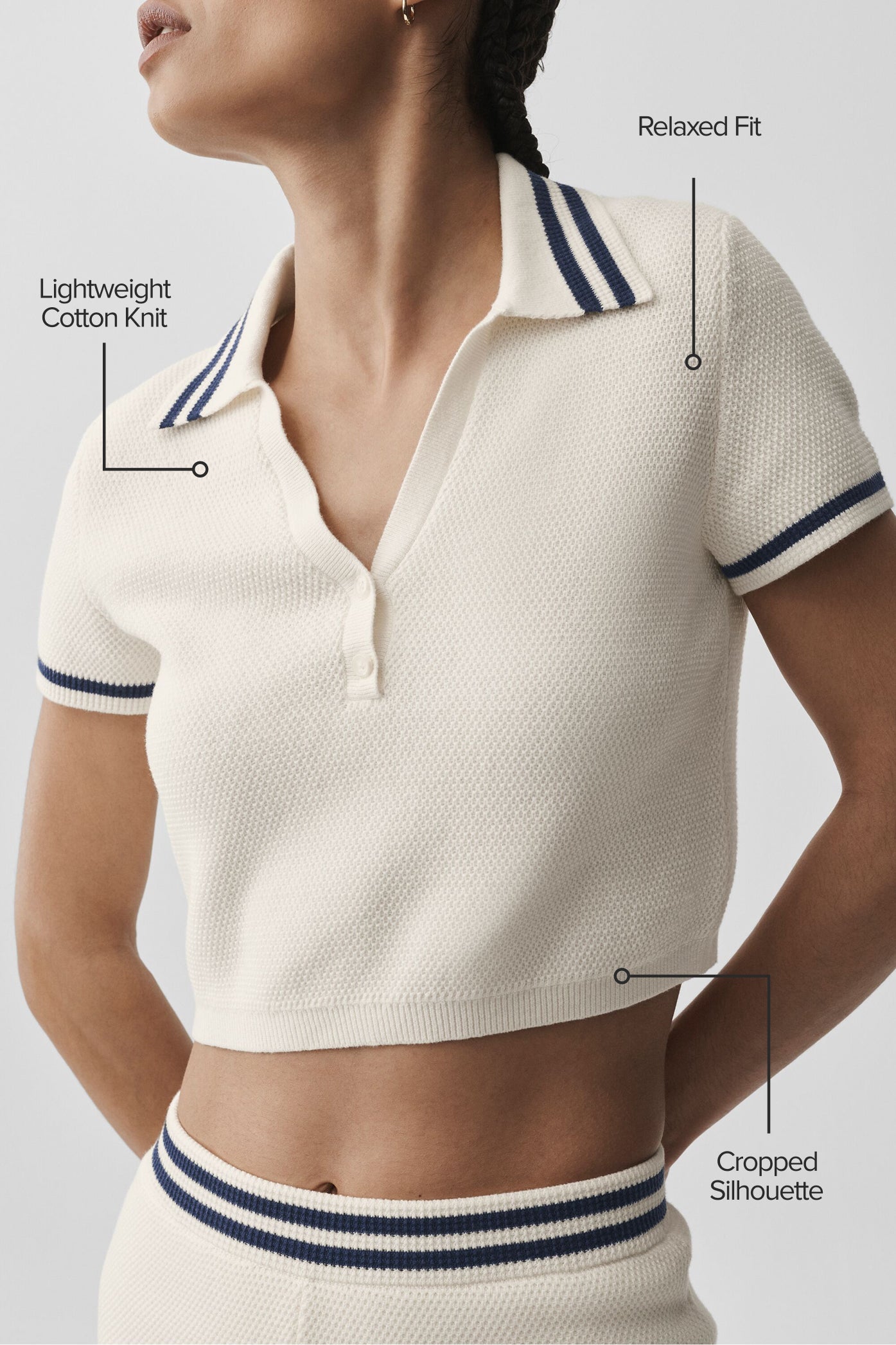 Alo Yoga Tennis Club Sweater Knit Cropped Polo - Ivory/Navy