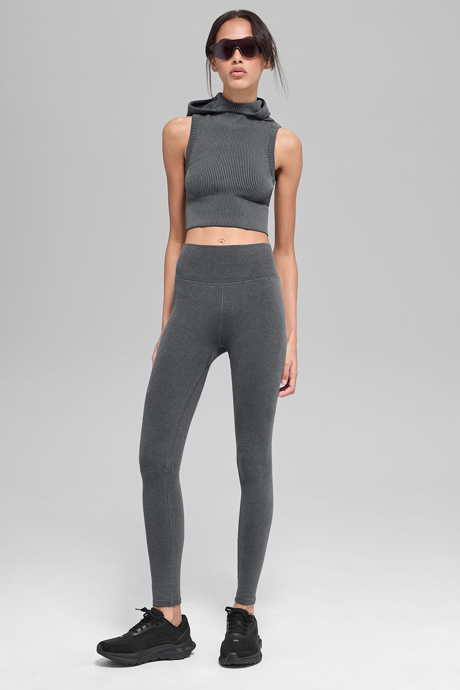 Alo Yoga Seamless Two Tone Rib Hooded Vest - Dark Misty Grey Heather