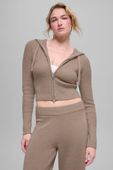 Alo Yoga Wool Cashmere Ribbed Noble Full Zip Hoodie - Chai Latte