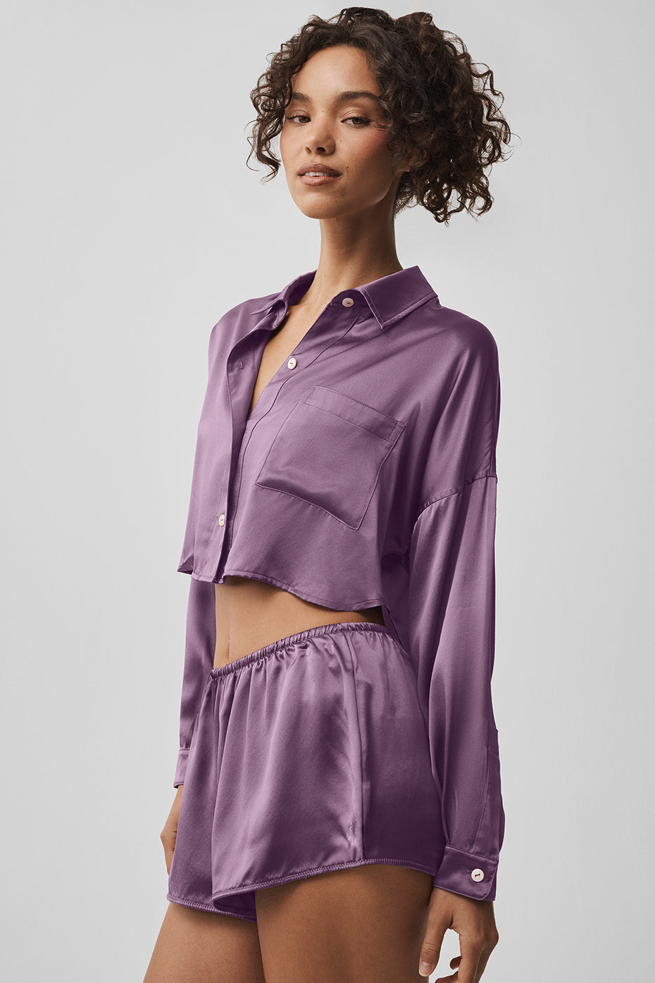 Alo Yoga Silk Luminous Cropped Button Down Long Sleeve - Plum Kiss